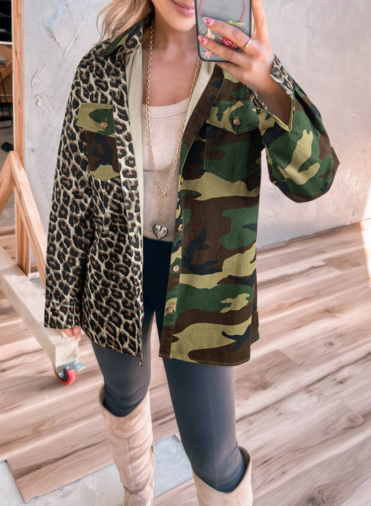 Brown Leopard Camo Patchwork Oversize Shacket-Outerwear/Jackets-[Adult]-[Female]-Brown-S-2022 Online Blue Zone Planet