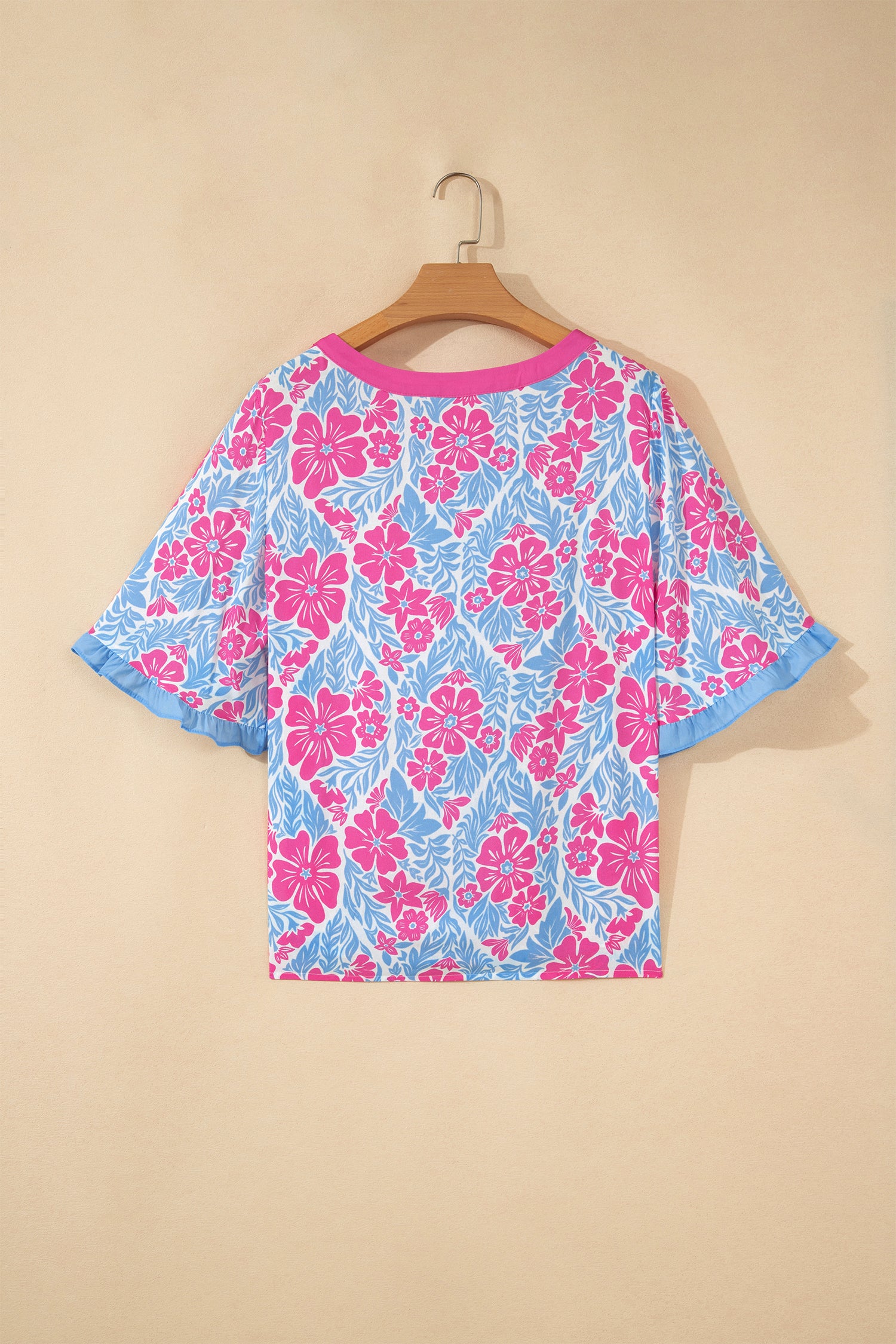 Rose Floral Print Ruffled Color Block Trim Half Sleeve Blouse-Tops/Blouses & Shirts-[Adult]-[Female]-2022 Online Blue Zone Planet