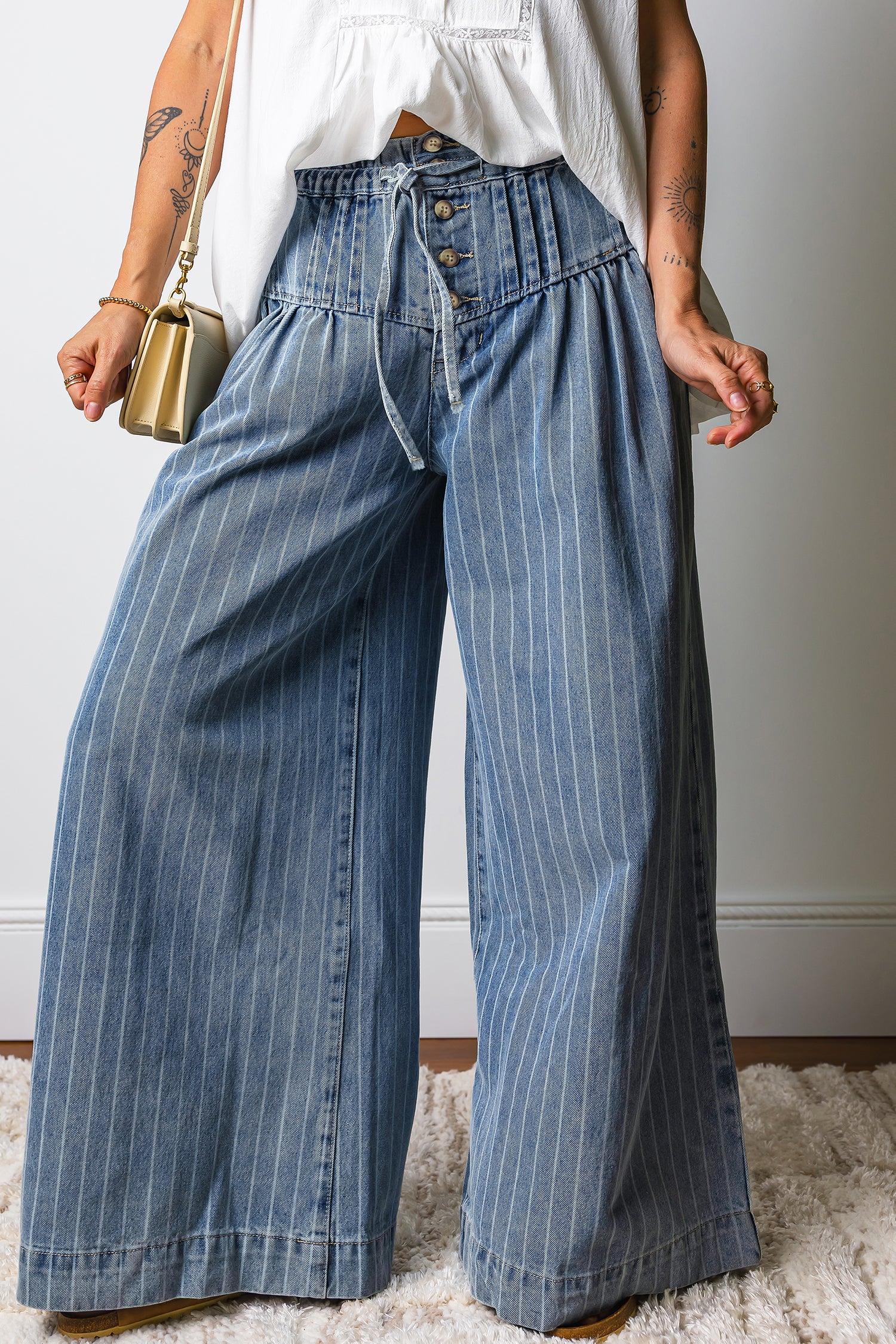 Sky Blue Stripe Button Pleated Drawstring Waist Casual Wide Leg Jeans-Bottoms/Jeans-[Adult]-[Female]-2022 Online Blue Zone Planet