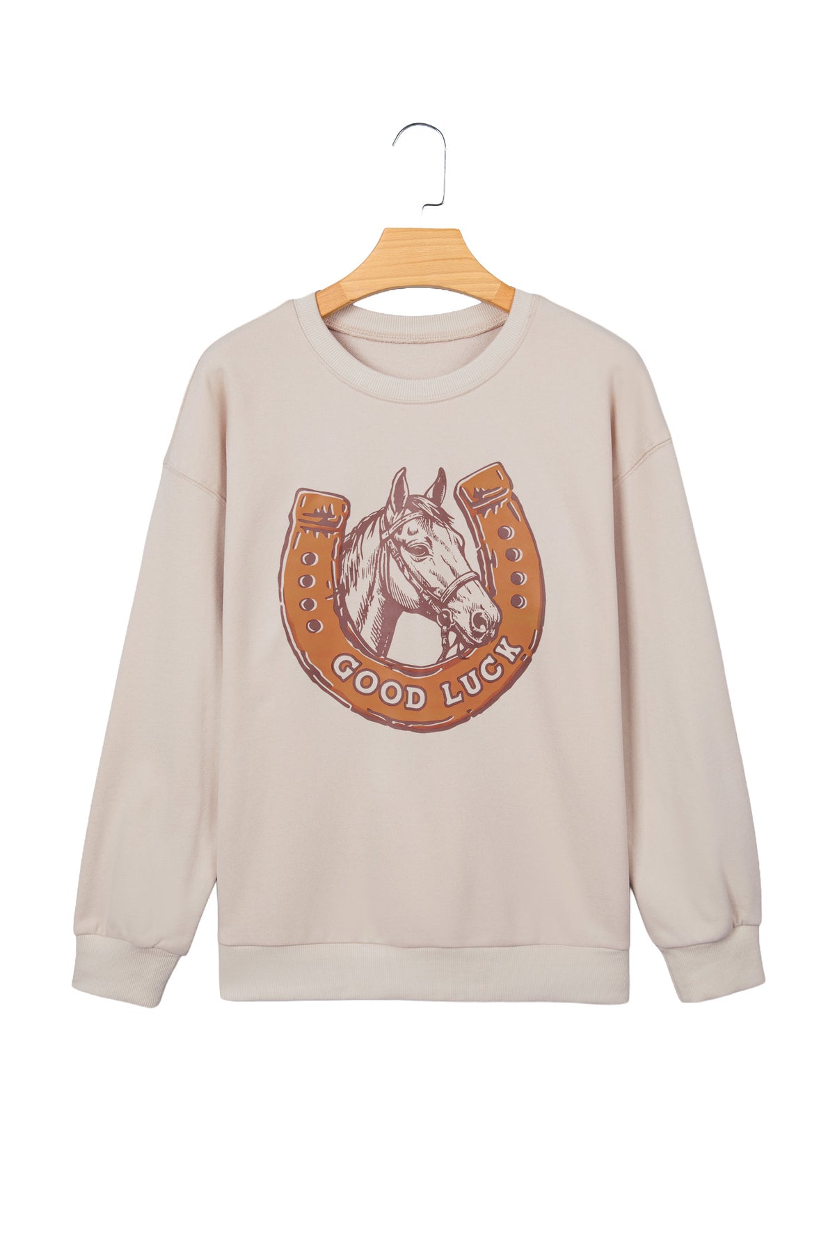 Beige GOOD LUCK Western Horse Print Oversized Pullover Sweatshirt-Tops/Sweatshirts & Hoodies-[Adult]-[Female]-2022 Online Blue Zone Planet
