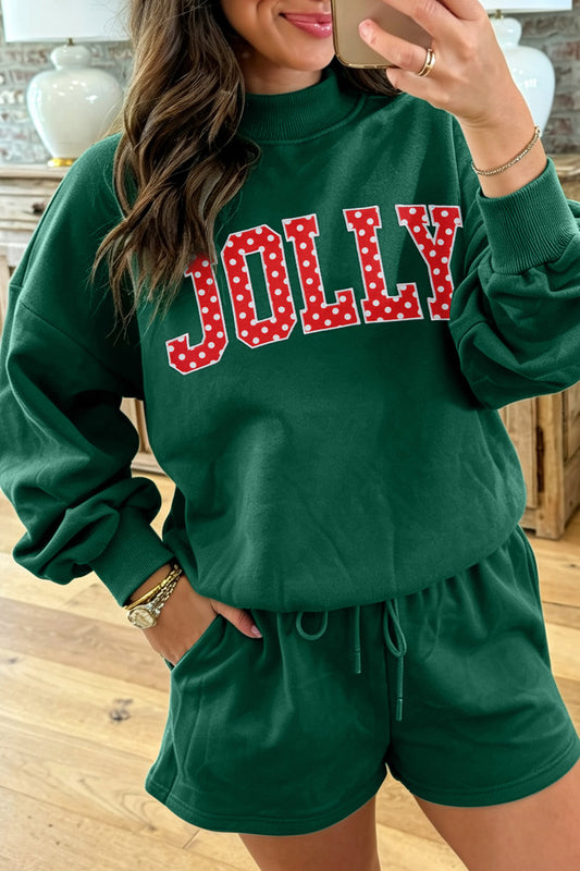 Dark Green Christmas Slogan Print Mock Neck Pullover and Shorts Set-Two Piece Sets/Short Sets-[Adult]-[Female]-Dark Green-S-2022 Online Blue Zone Planet