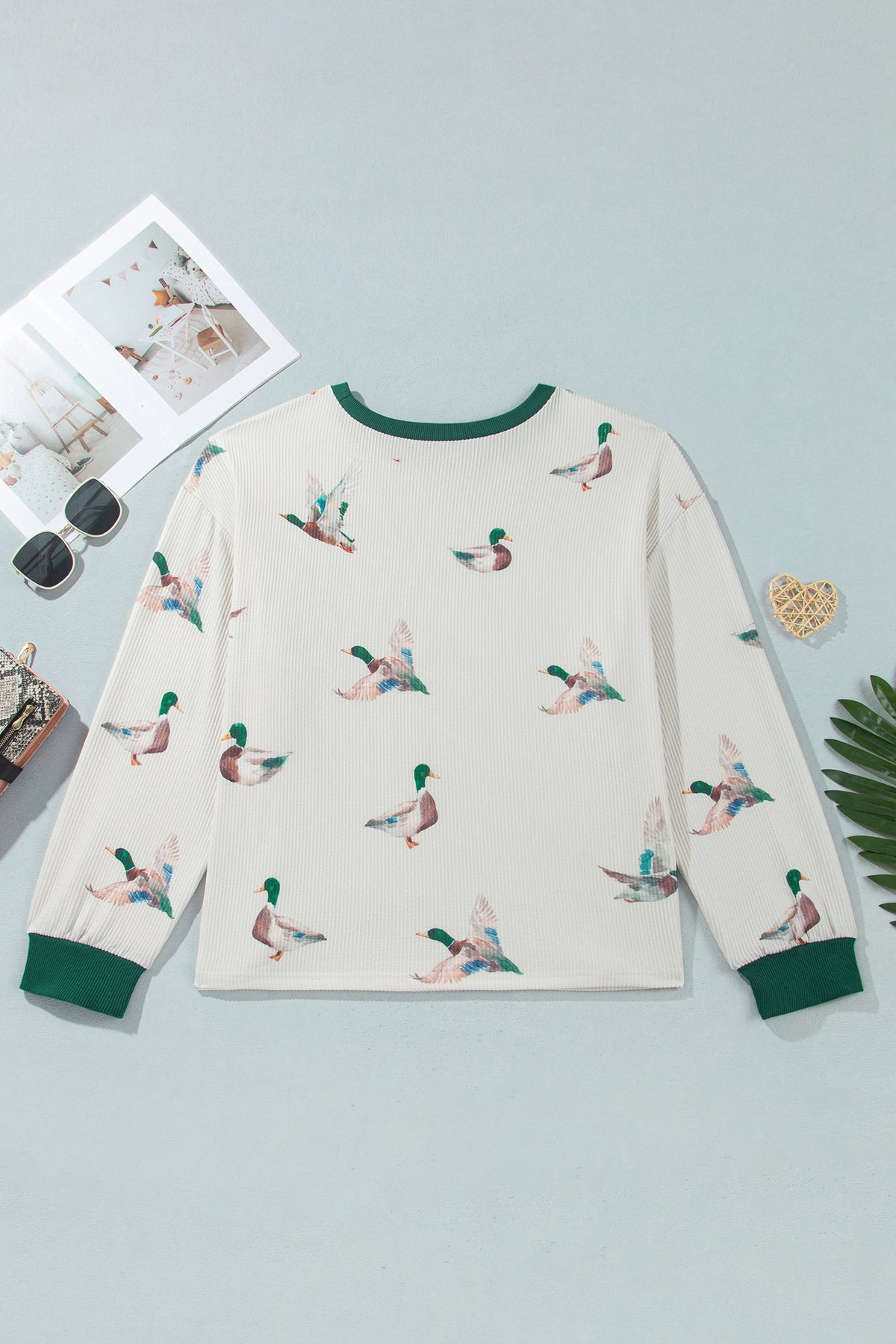Beige Mallard Duck Print Plus Size Twisted Ribbed Top-Plus Size/Plus Size Tops/Plus Size Long Sleeve Tops-[Adult]-[Female]-2022 Online Blue Zone Planet