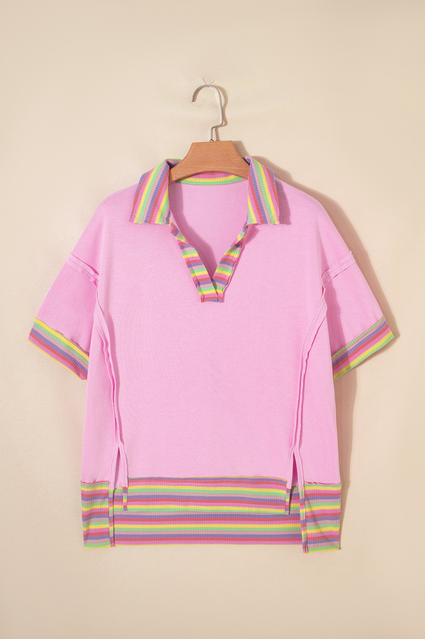 Pink Rainbow Stripe Ribbed Patchwork Raw Seam Oversize Polo Tee-Tops/Tops & Tees-[Adult]-[Female]-2022 Online Blue Zone Planet