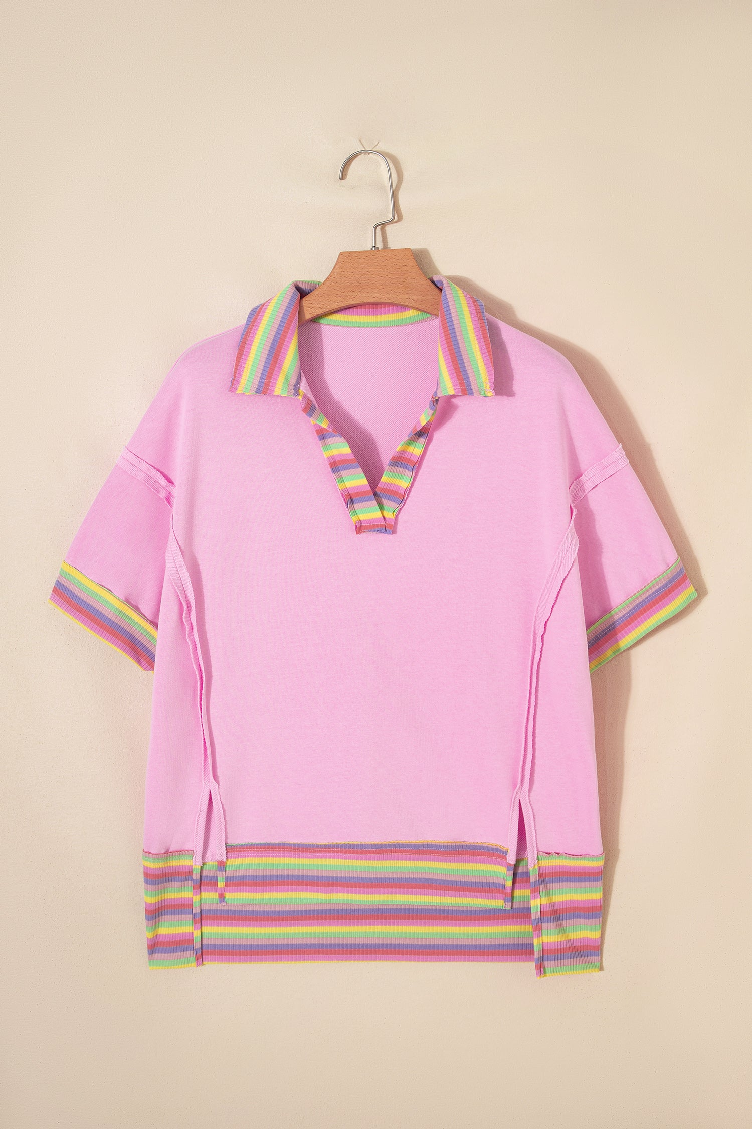 Pink Rainbow Stripe Ribbed Patchwork Raw Seam Oversize Polo Tee-Tops/Tops & Tees-[Adult]-[Female]-2022 Online Blue Zone Planet