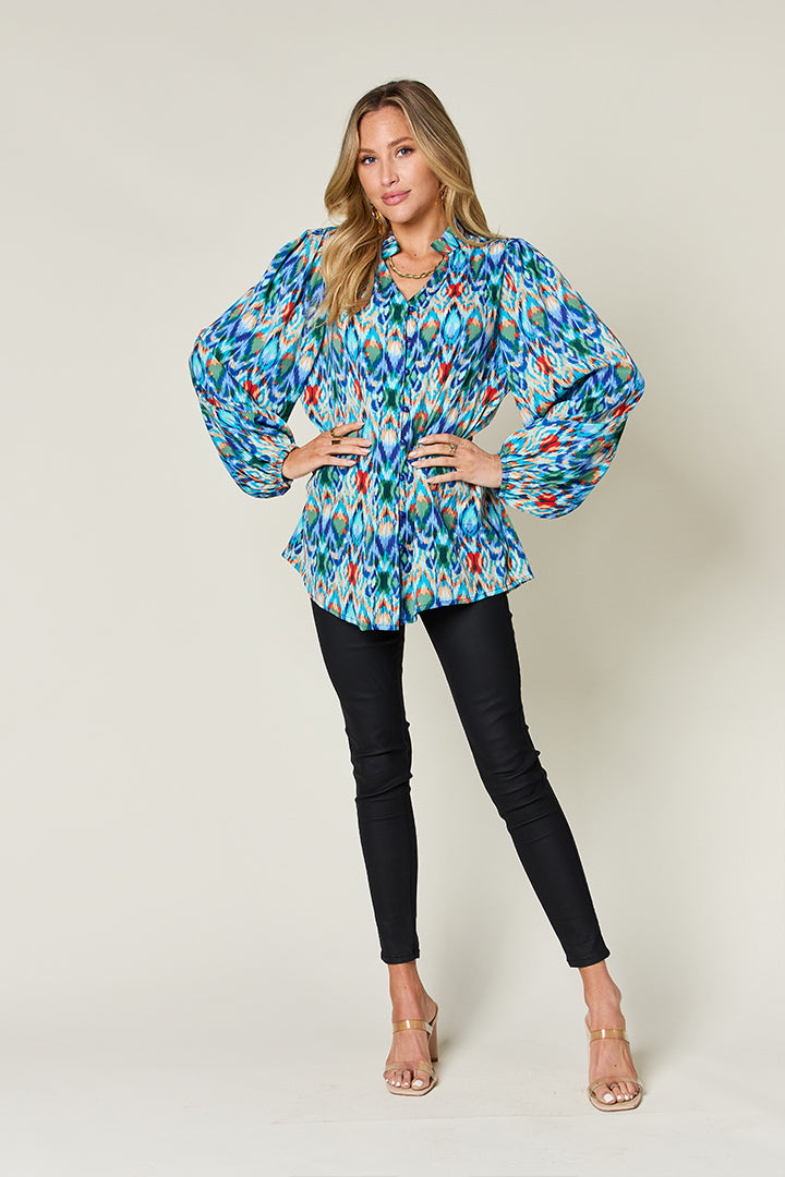 Blue Zone Planet | Double Take Full Size Printed Balloon Sleeve Blouse-TOPS / DRESSES-[Adult]-[Female]-2022 Online Blue Zone Planet