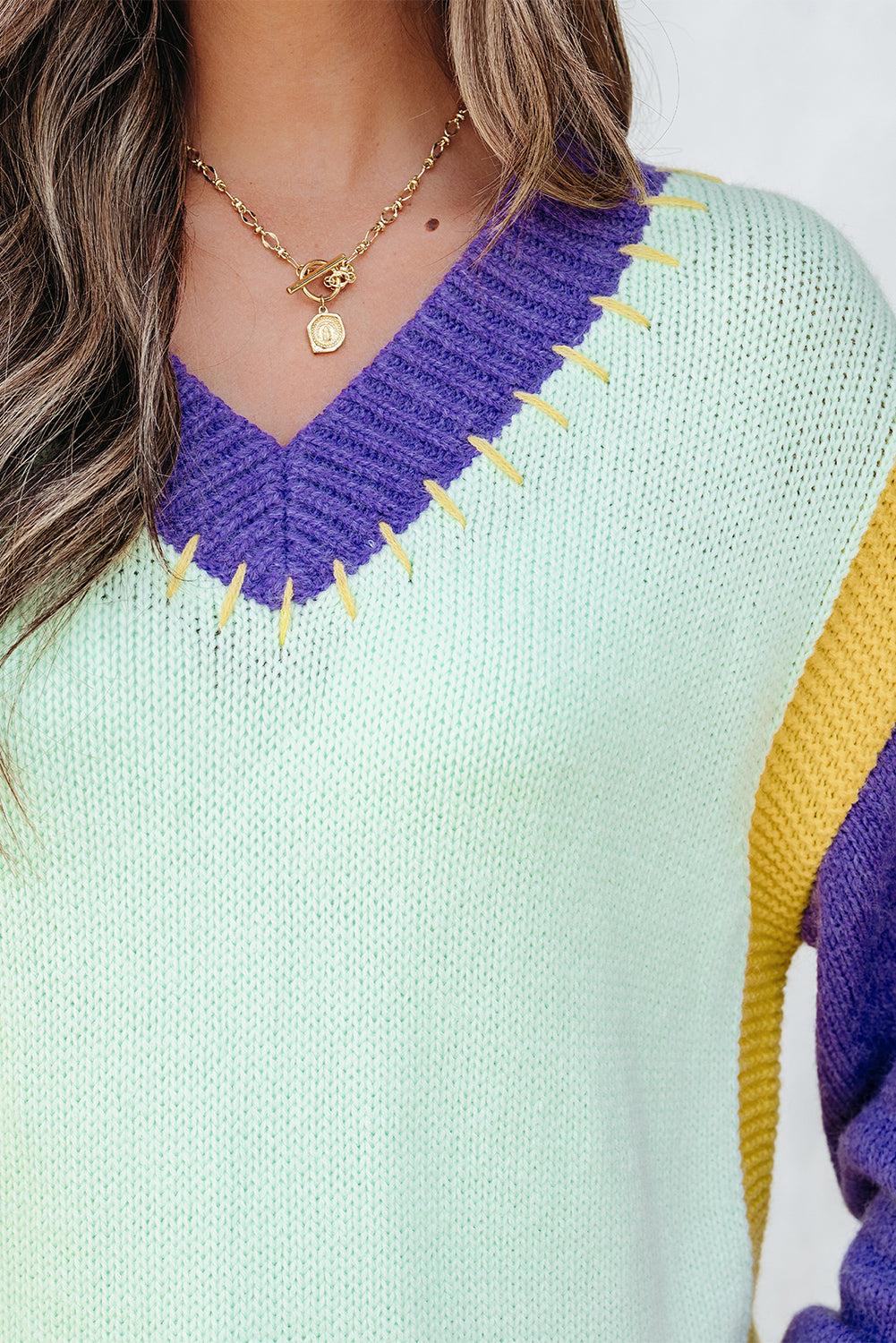 Green Stitched V Neck Color Block Knitted Drop Shoulder Sweater-TOPS / DRESSES-[Adult]-[Female]-2022 Online Blue Zone Planet