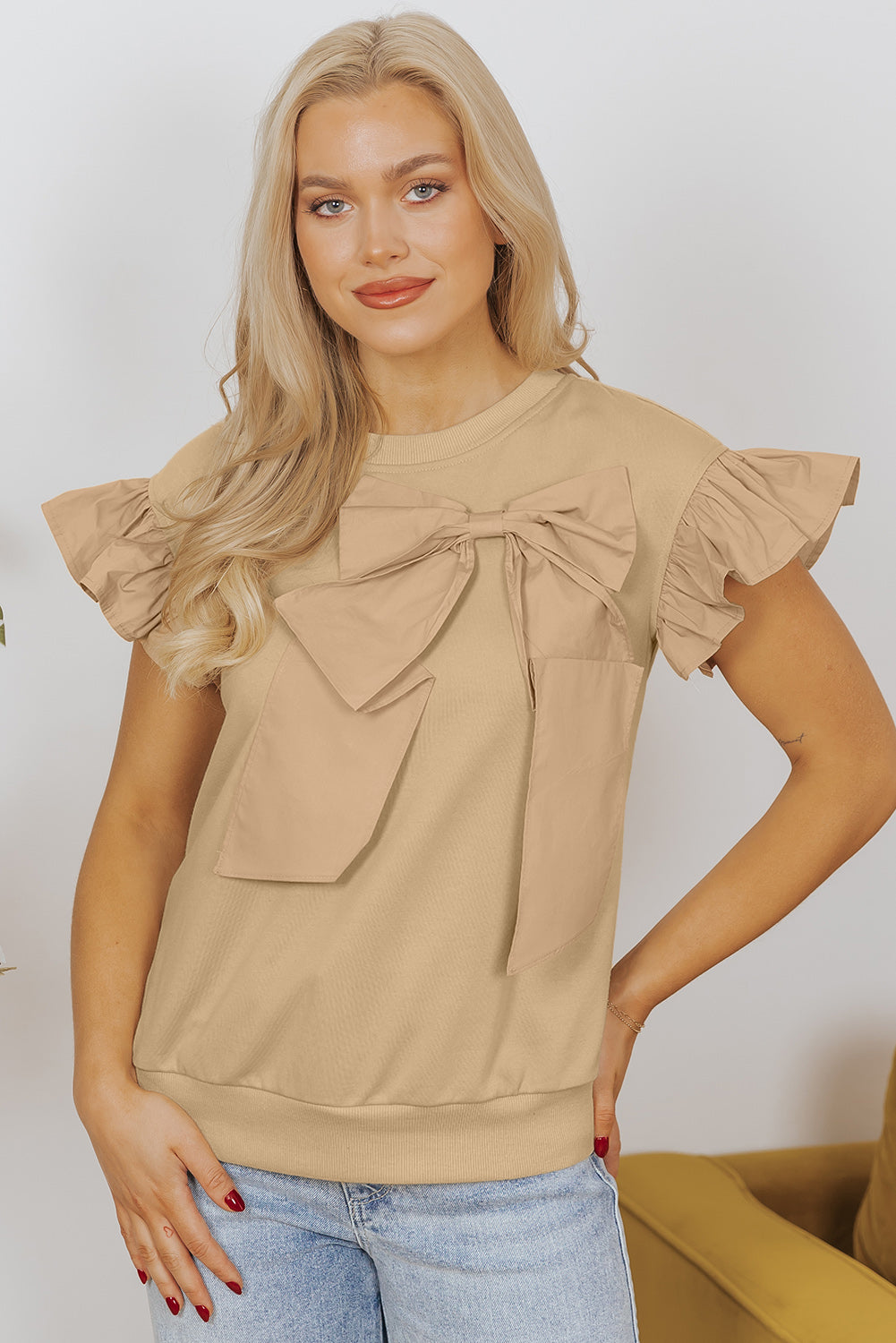 Parchment Two Tones Ribbon Bow Ruffle Sleeve Top-Tops/Blouses & Shirts-[Adult]-[Female]-Parchment-S-2022 Online Blue Zone Planet