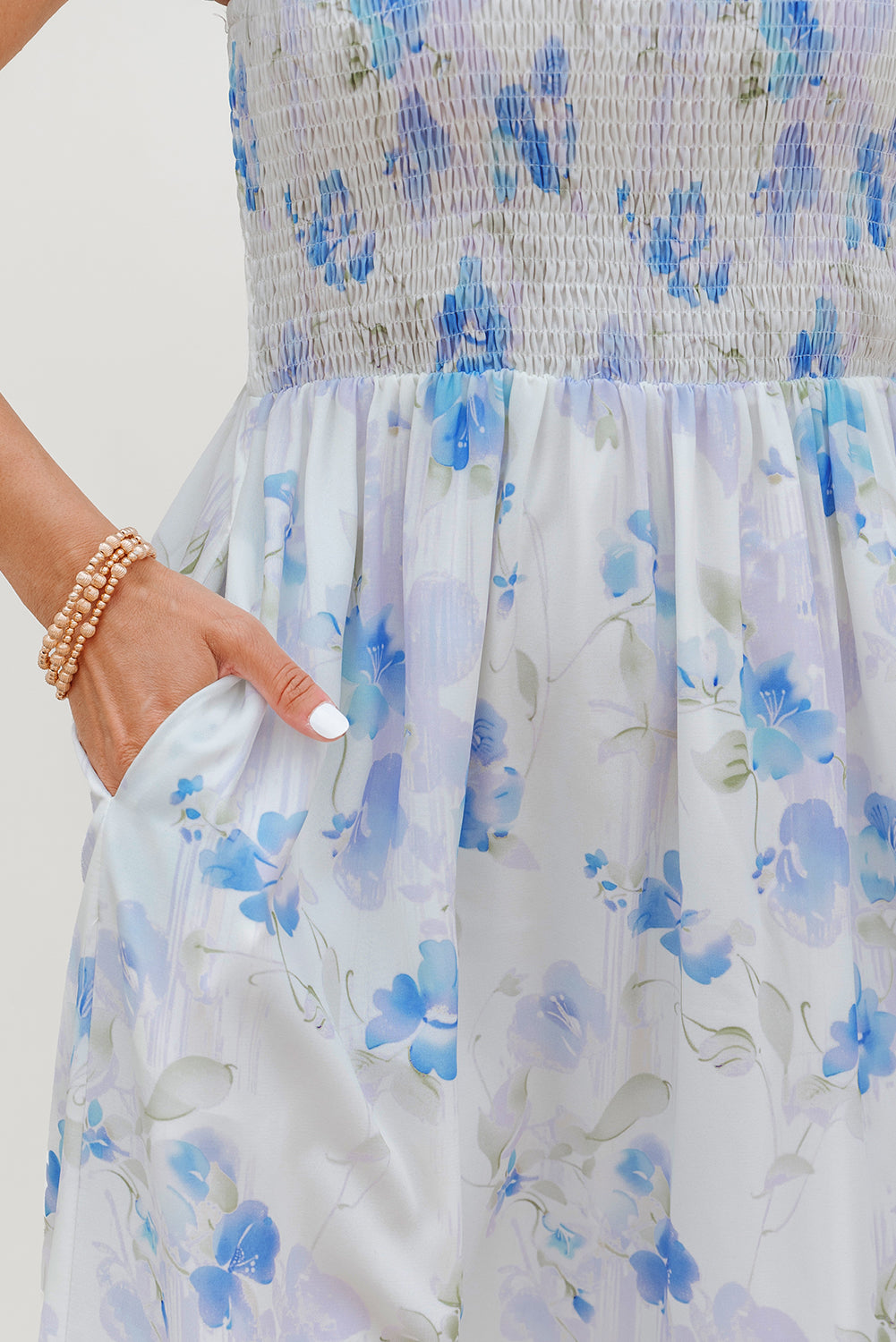Sky Blue Floral Smocked High Waist Double Ruffle Sleeveless Long Dress-TOPS / DRESSES-[Adult]-[Female]-2022 Online Blue Zone Planet