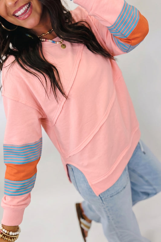 Pink Colorblock Striped Patchwork Long Sleeve Round Neck Blouse-Tops/Long Sleeve Tops-[Adult]-[Female]-2022 Online Blue Zone Planet