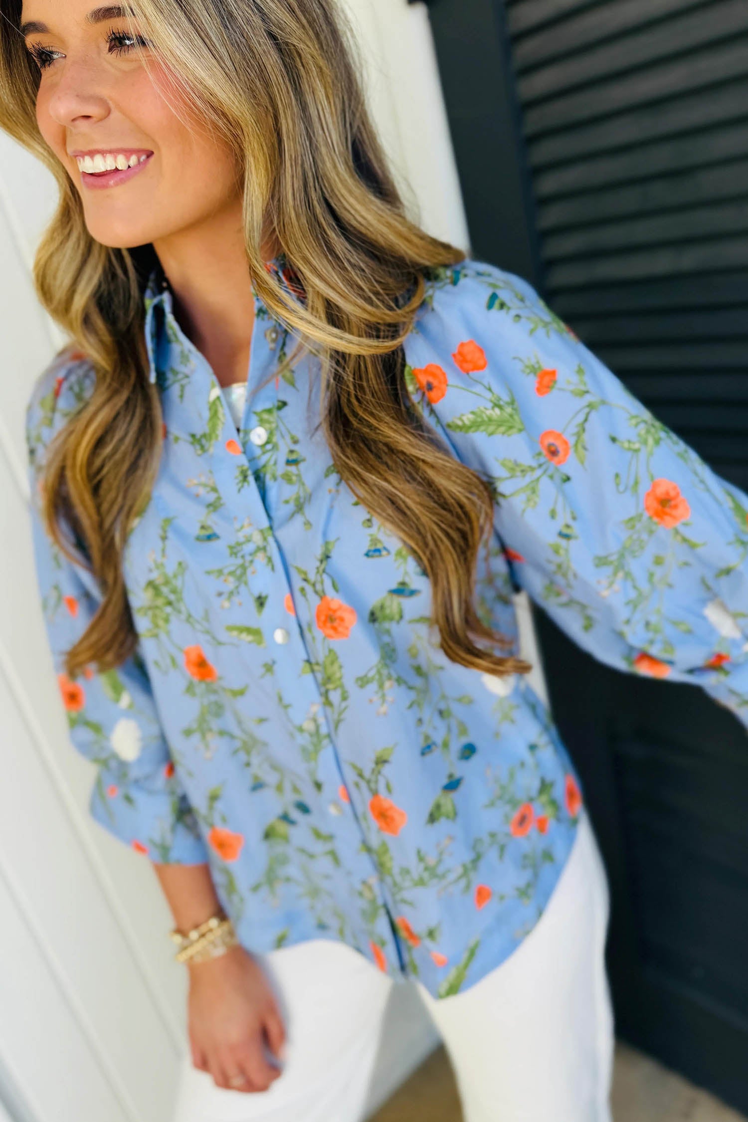 Sky Blue Floral Print Bracelet Sleeve Button Down Casual Shirt-Tops/Blouses & Shirts-[Adult]-[Female]-2022 Online Blue Zone Planet
