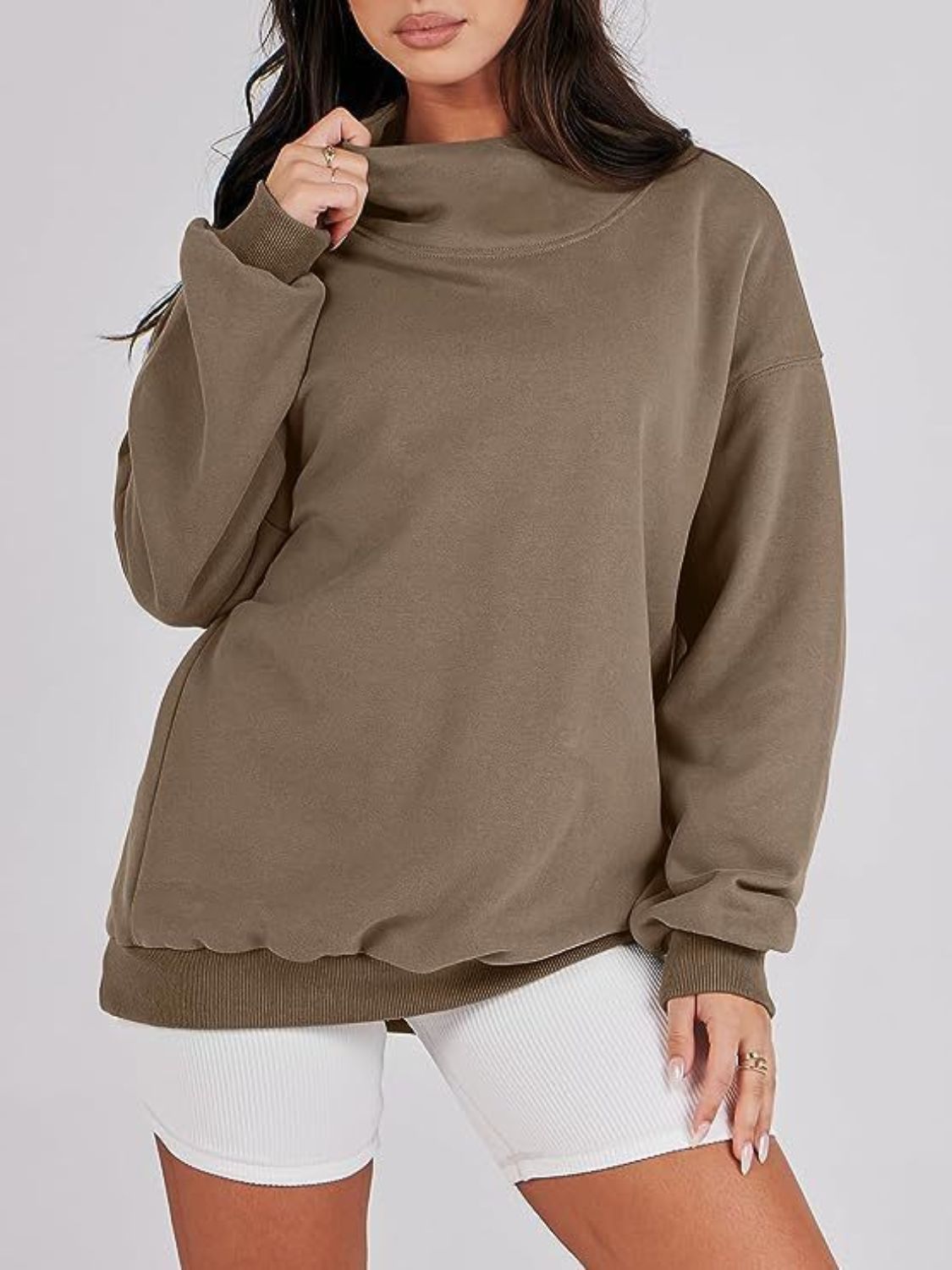 Blue Zone Planet | Mock Neck Drop Shoulder Long Sleeve Sweatshirt-TOPS / DRESSES-[Adult]-[Female]-Taupe-S-2022 Online Blue Zone Planet