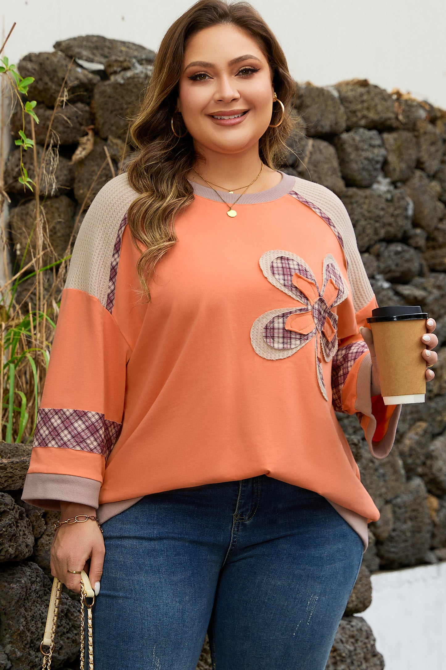 Grapefruit Orange Plaid Flower Waffle Patched Plus Size 3/4 Sleeve Top-Plus Size/Plus Size Tops/Plus Size Long Sleeve Tops-[Adult]-[Female]-2022 Online Blue Zone Planet