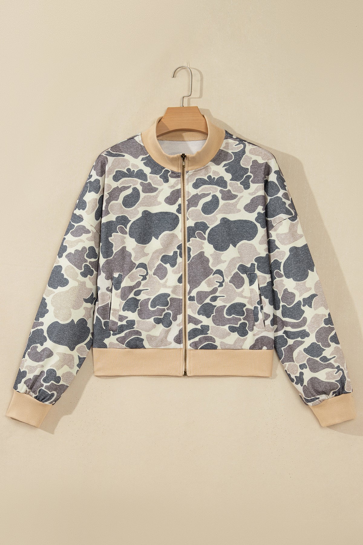 Multicolour Camouflage Print Color Block Trim Zip Bomber Sweatshirt-Tops/Sweatshirts & Hoodies-[Adult]-[Female]-2022 Online Blue Zone Planet