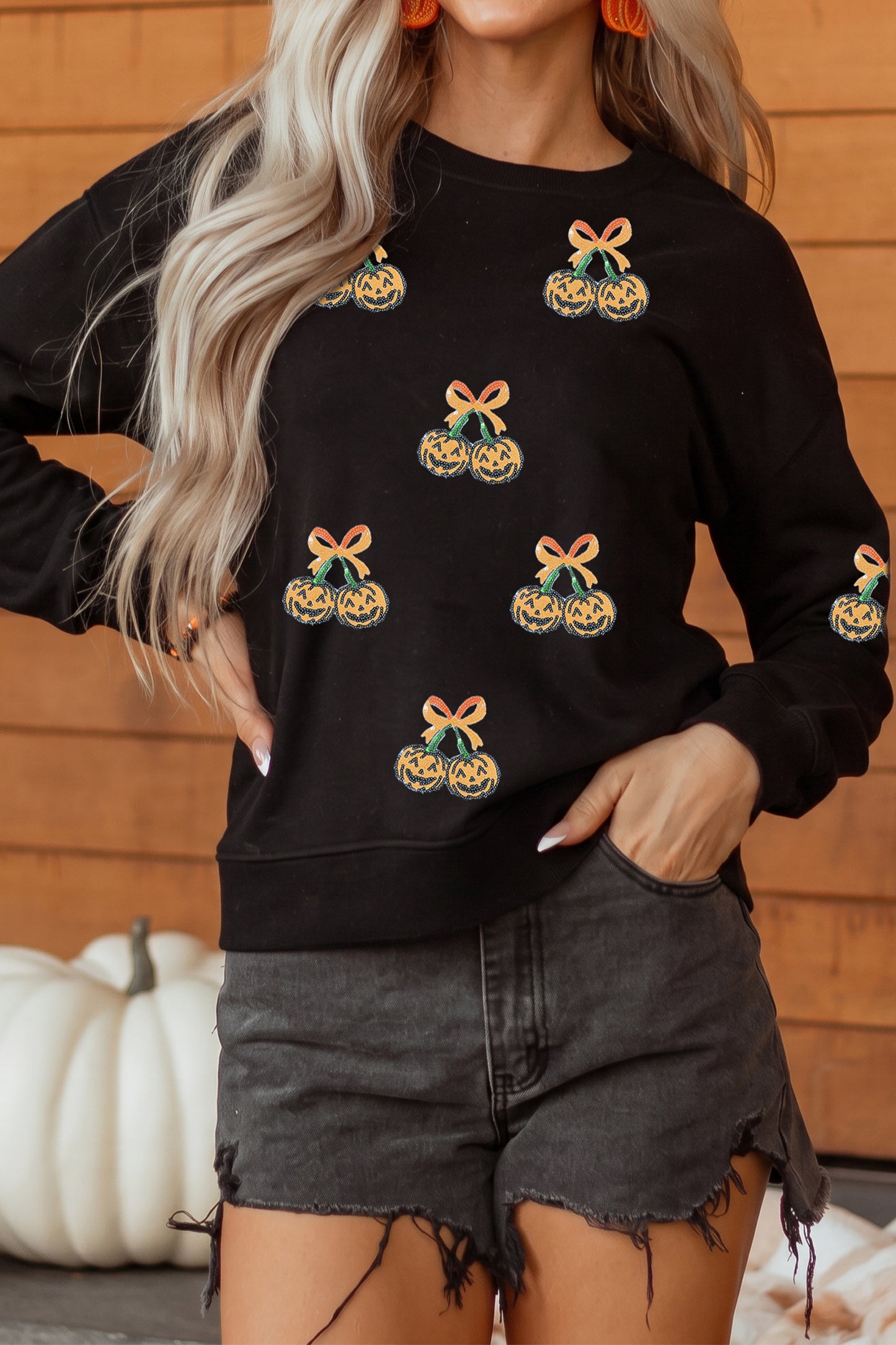Black Halloween Sequin Pumpkin Graphic Relaxed Pullover Sweatshirt