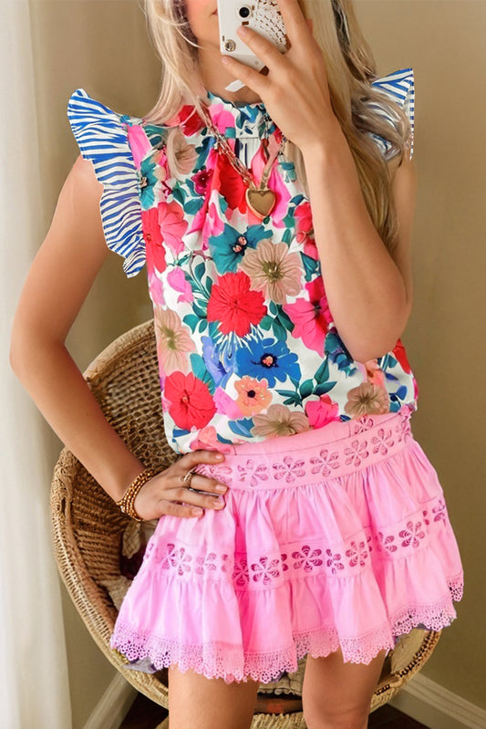 Sky Blue Floral Mock Neck Striped Flutter Sleeve Blouse-Tops/Blouses & Shirts-[Adult]-[Female]-Sky Blue-S-2022 Online Blue Zone Planet