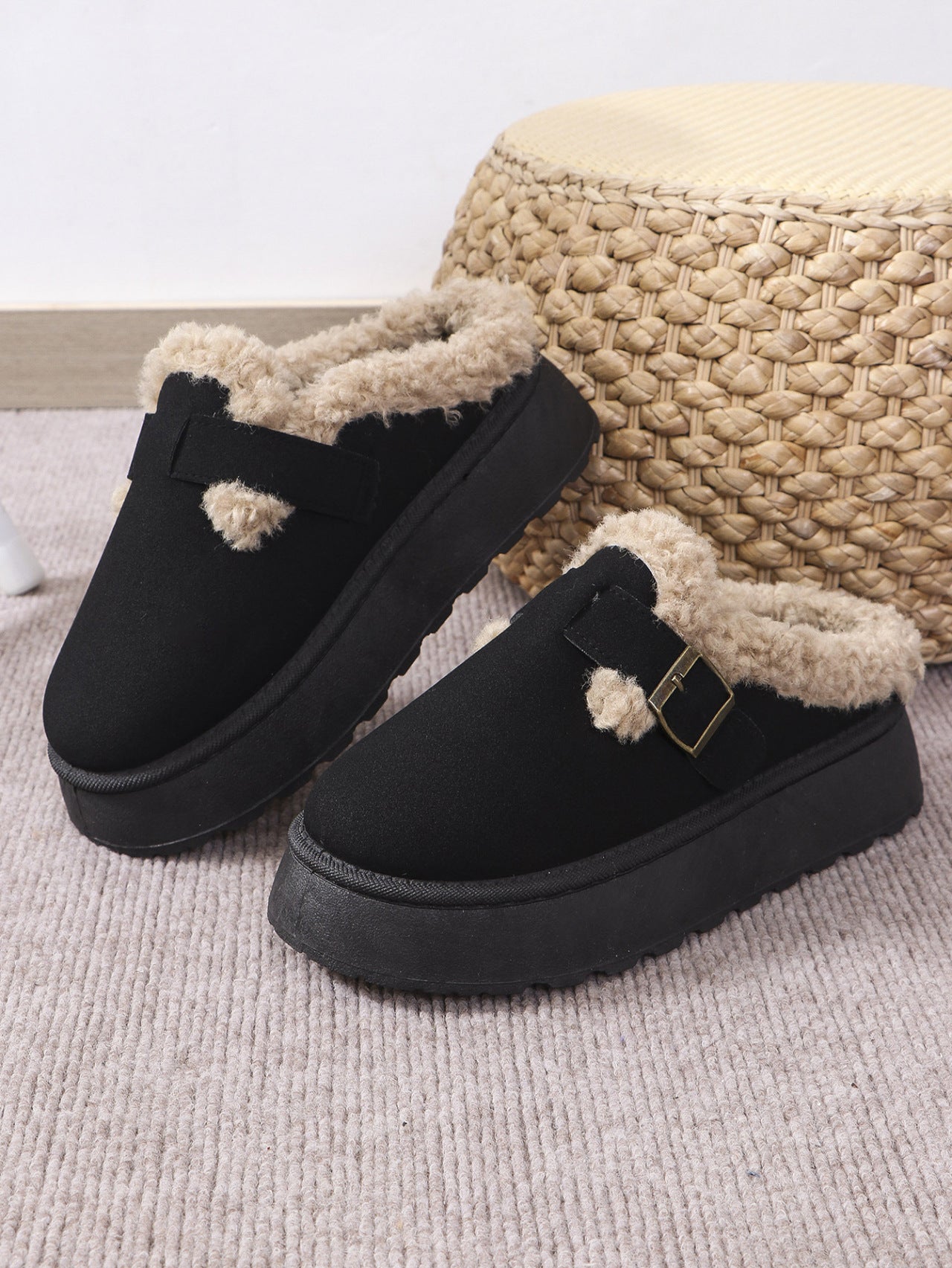 Blue Zone Planet | Thermal Fuzzy Buckle Platform Slippers-SHOES-[Adult]-[Female]-2022 Online Blue Zone Planet