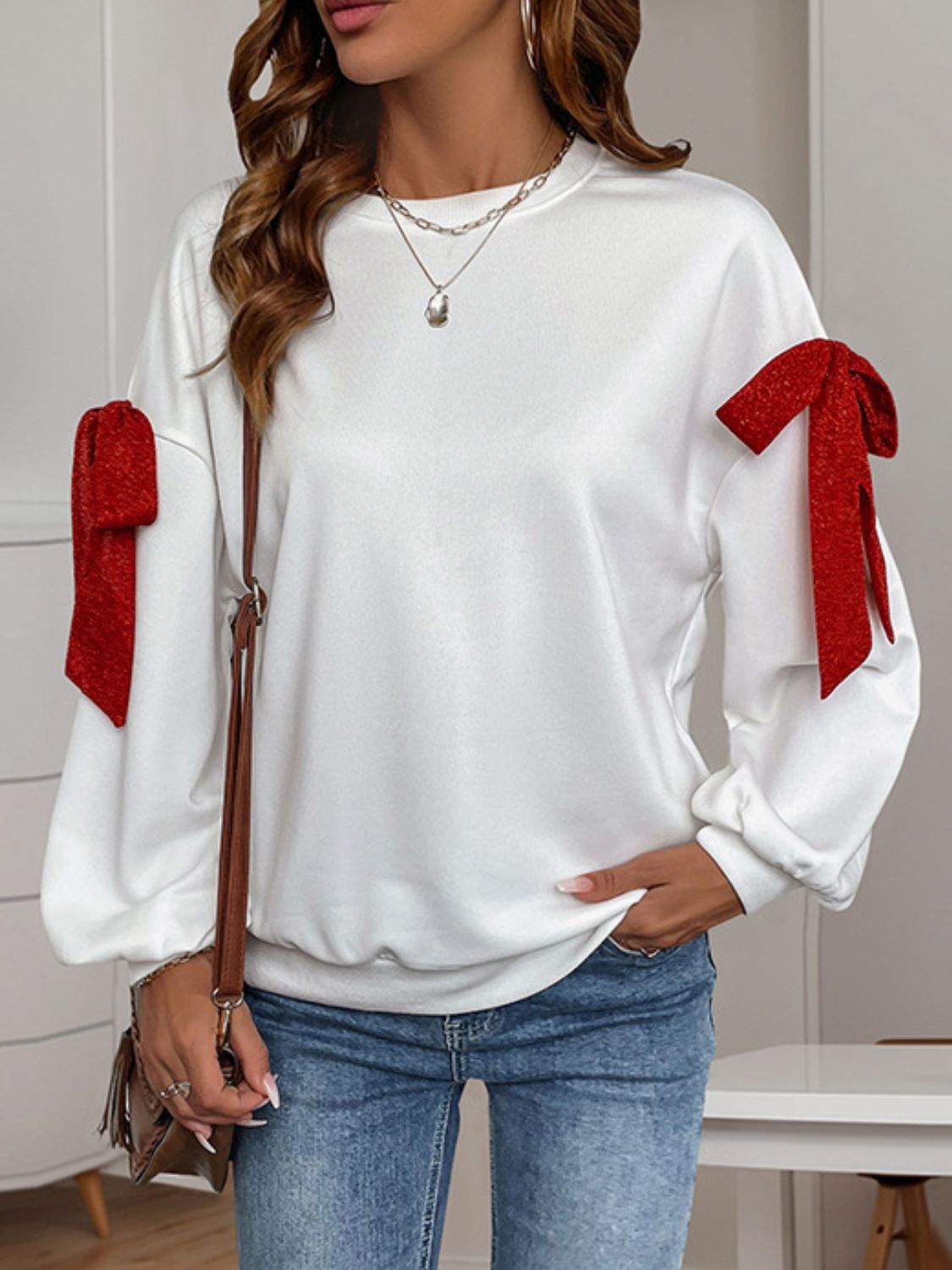 Perfee Bow Round Neck Long Sleeve Sweatshirt-TOPS / DRESSES-[Adult]-[Female]-White-S-2022 Online Blue Zone Planet