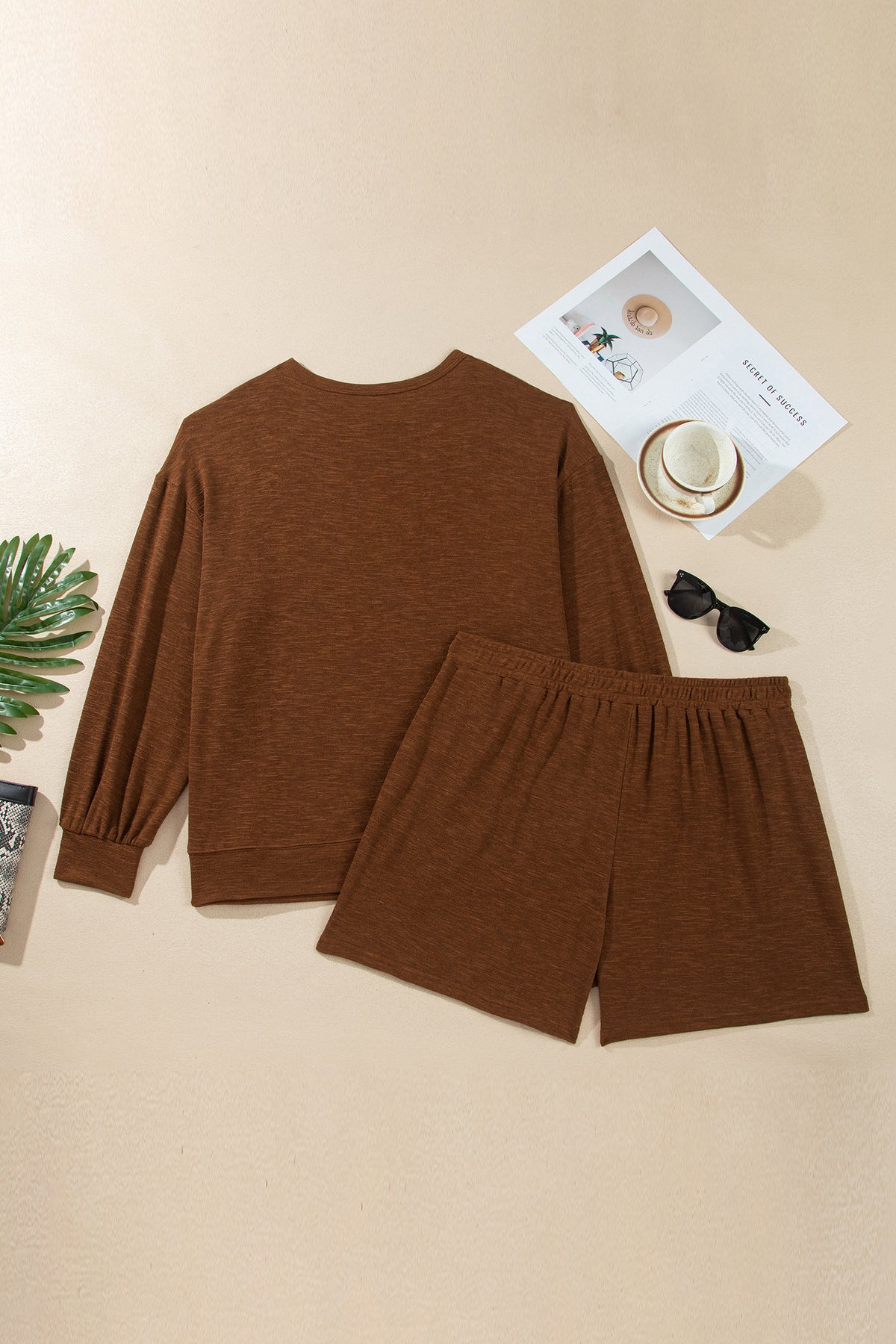 Chestnut Drop Shoulder Long Sleeve Top Elastic Waist Shorts Plus Size Set-Plus Size/Plus Size Loungewear-[Adult]-[Female]-2022 Online Blue Zone Planet