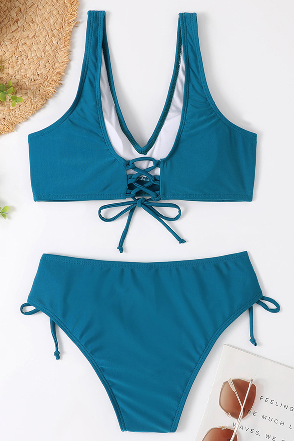 Ruched Lace-Up Wide Strap Two-Piece Bikini Set BLUE ZONE PLANET
