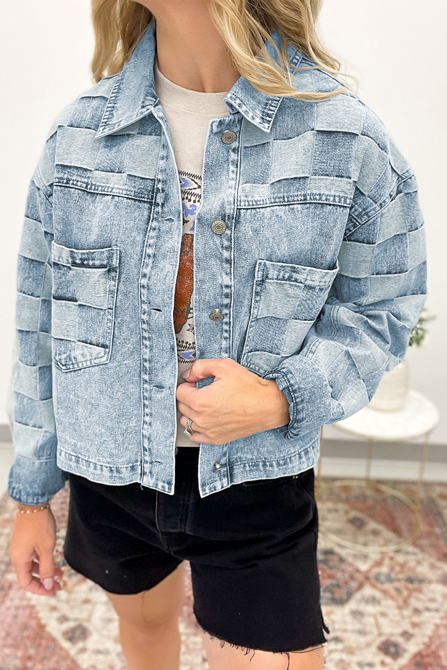 Beau Blue Denim Checkered Pattern Patchwork Womens Casual Jacket-Outerwear/Denim jackets-[Adult]-[Female]-Beau Blue-S-2022 Online Blue Zone Planet
