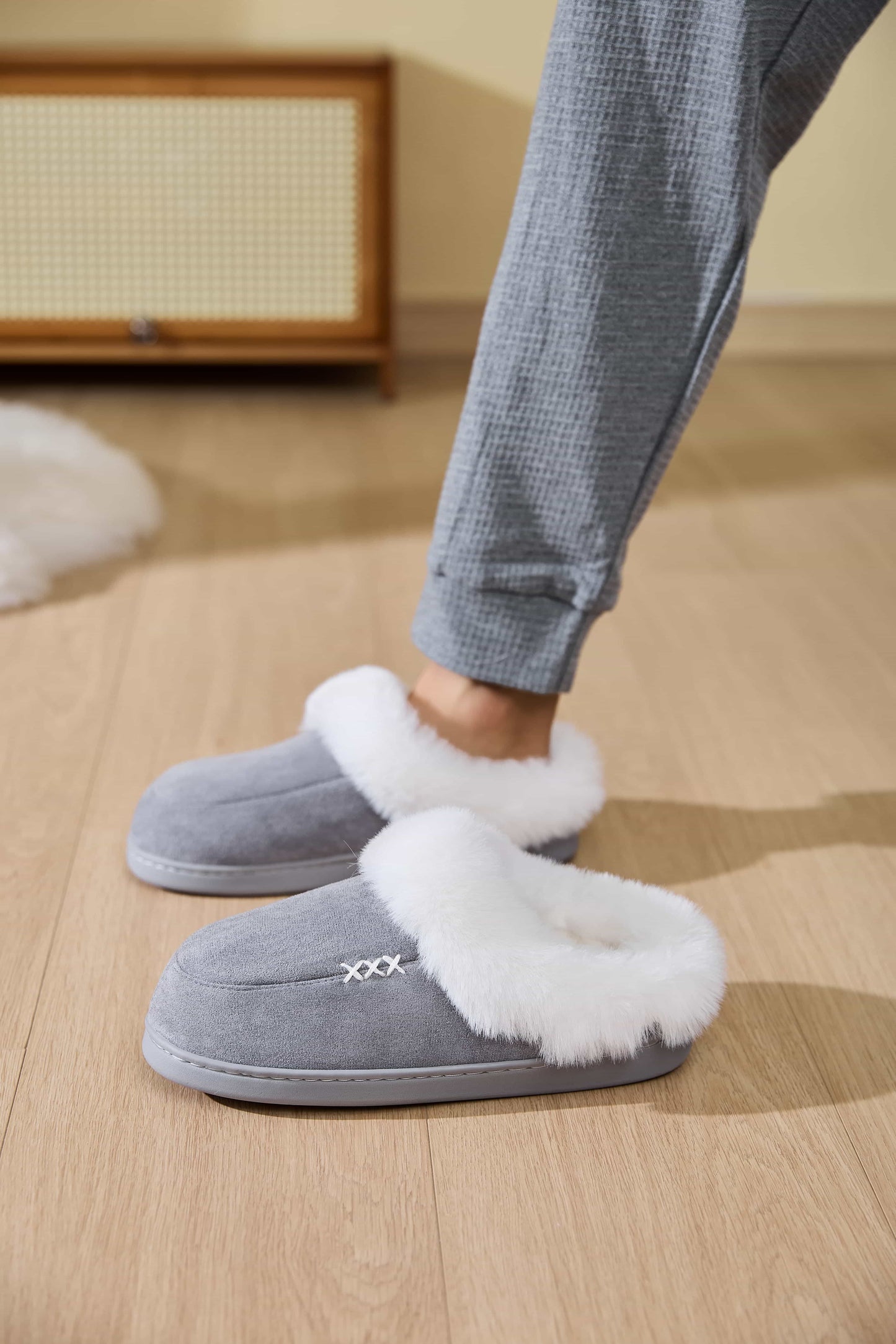 Fluff Trim Round Toe Flat Slippers-SLIPPERS-[Adult]-[Female]-Dark Gray-36-37(US5-6)-2022 Online Blue Zone Planet