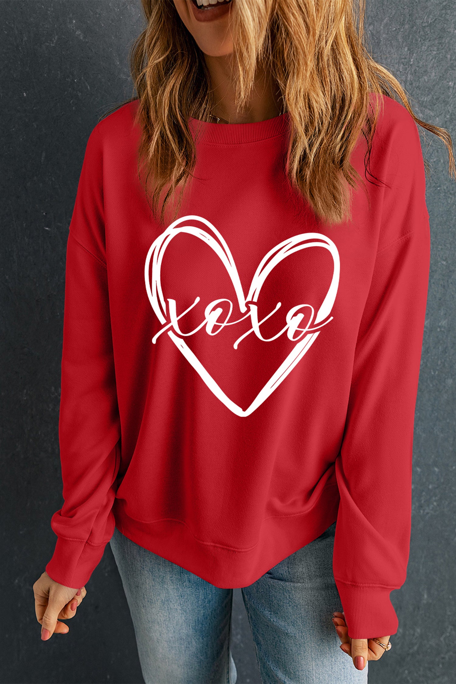 Red xoxo Valentines Heart Sketch Printed Pullover Sweatshirt-Graphic Sweatshirts-[Adult]-[Female]-2022 Online Blue Zone Planet