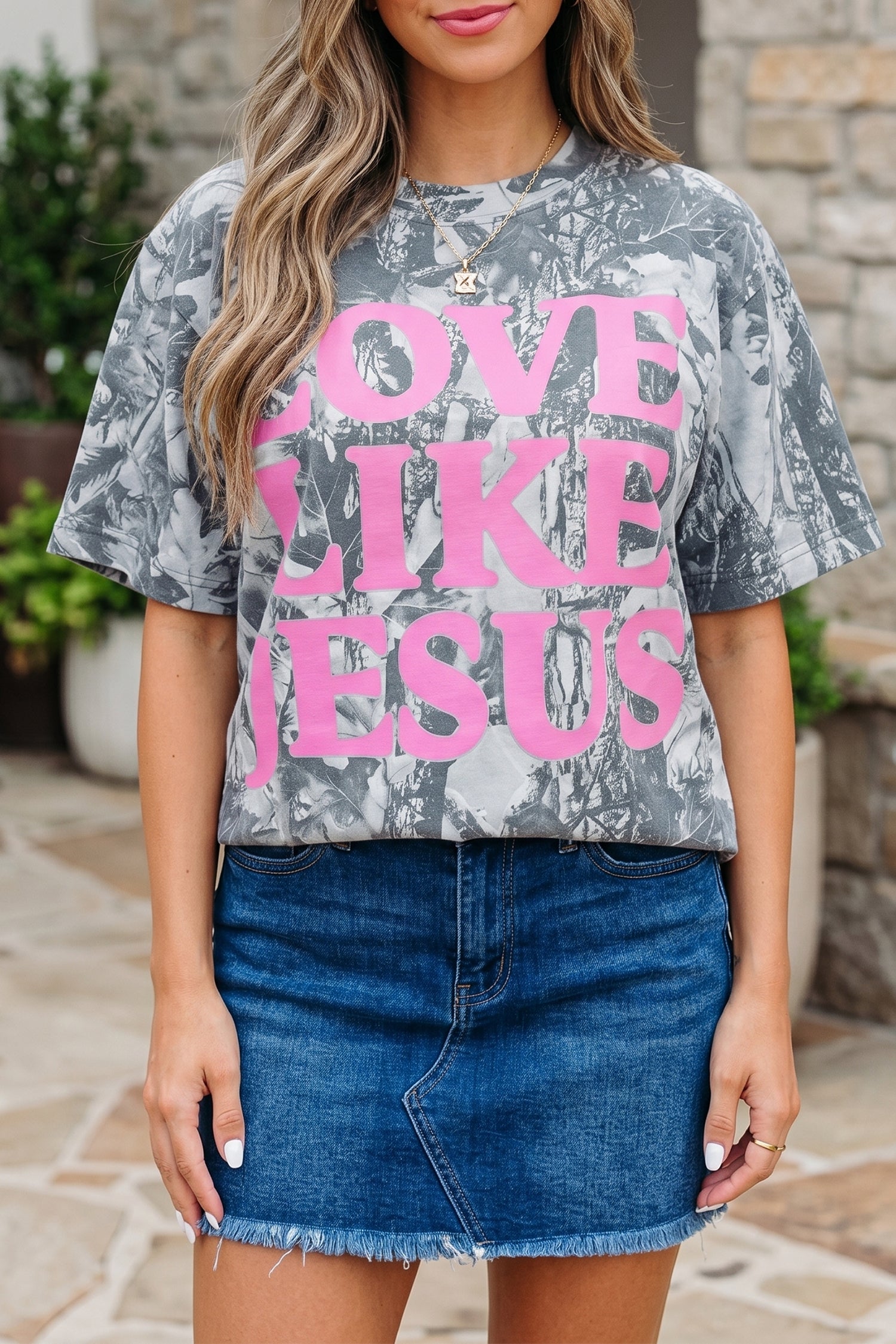 Beige Camo Woodland Love Like Jesus Casual Tee-Tops/Tops & Tees-[Adult]-[Female]-2022 Online Blue Zone Planet