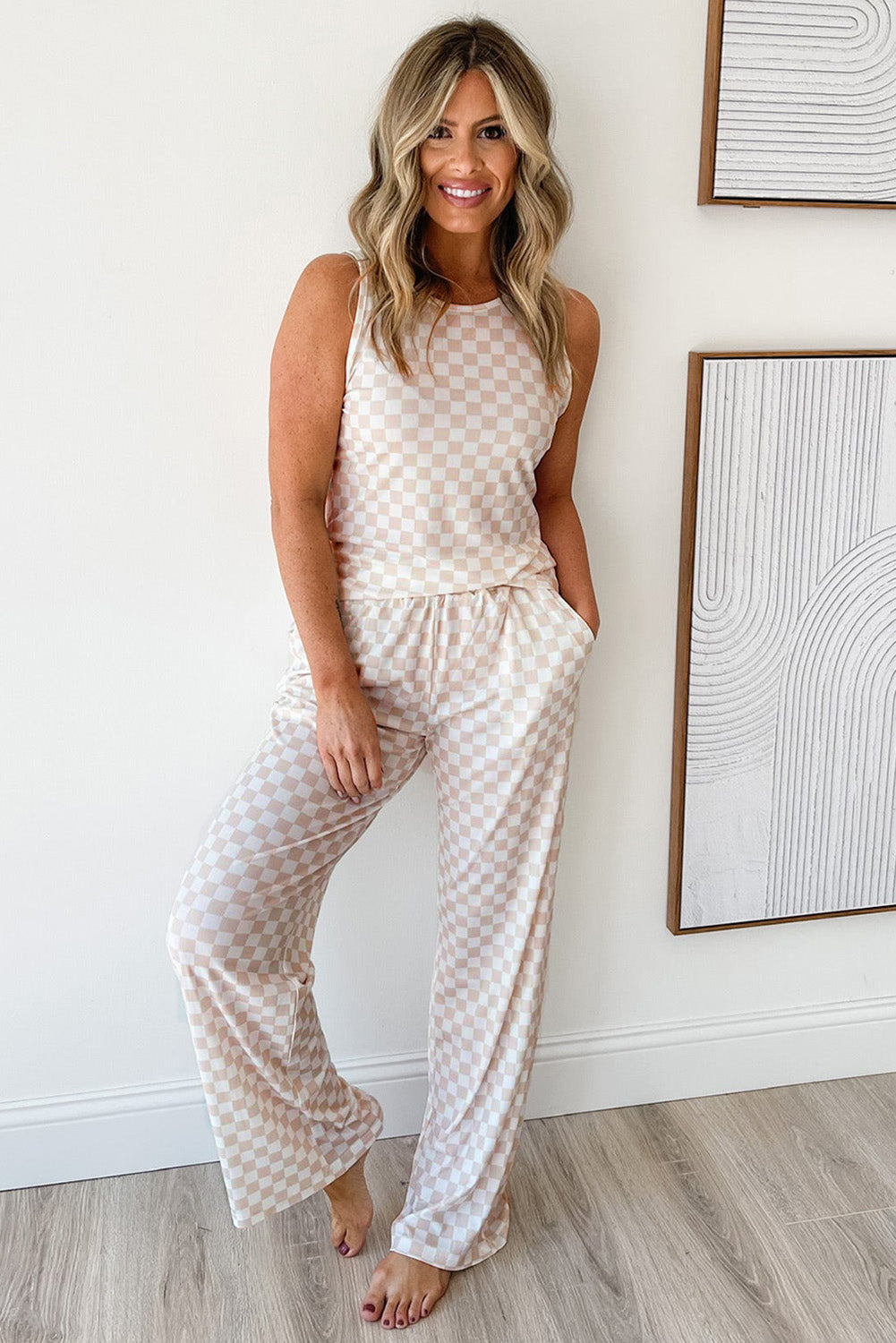White Ribbed Texture Checkered Print 2pcs Tank and Pants Set-Two Piece Sets/Pant Sets-[Adult]-[Female]-2022 Online Blue Zone Planet