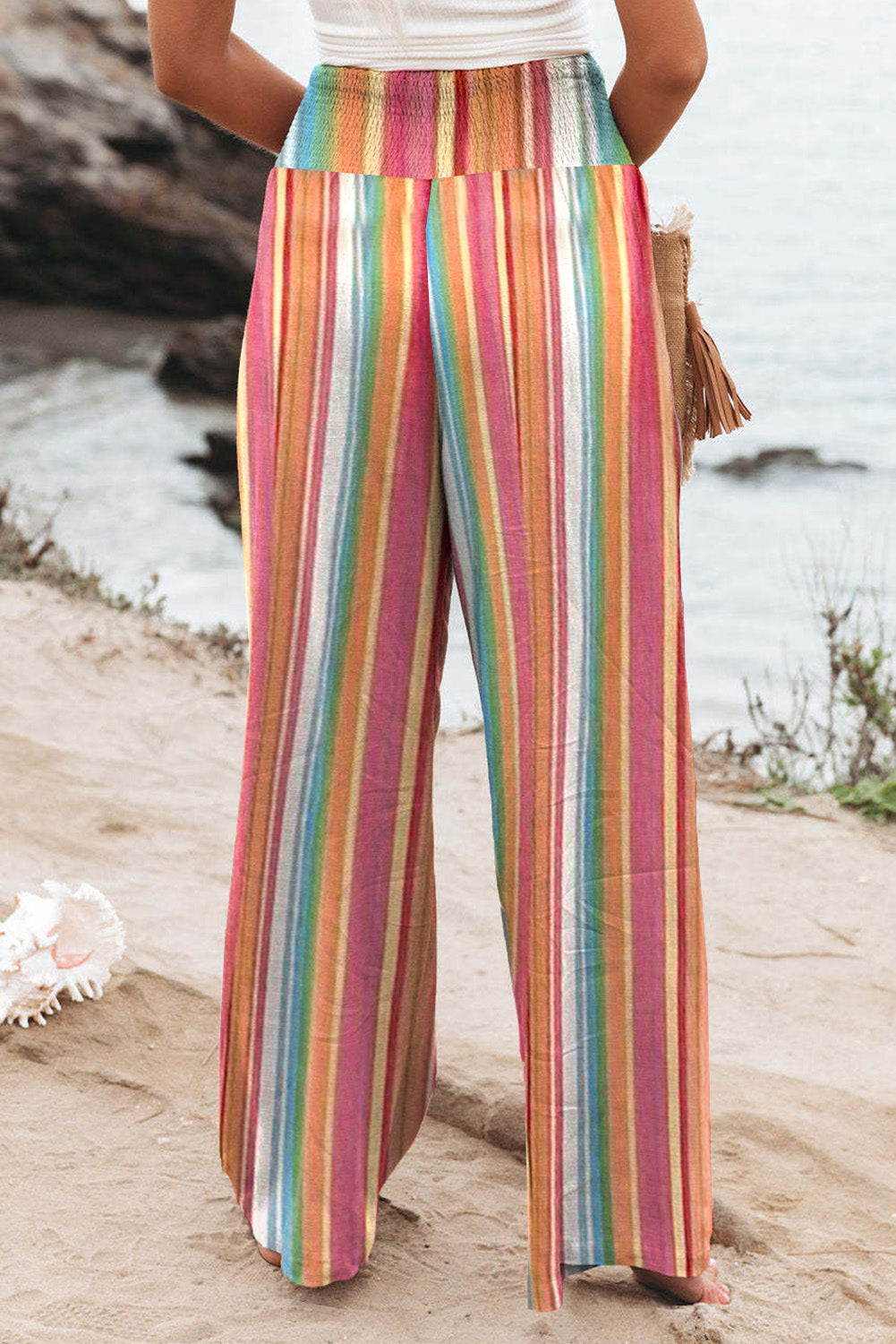 Felicity's Multicolor Striped Smocked High Waist Wide Leg Pants Blue Zone Planet