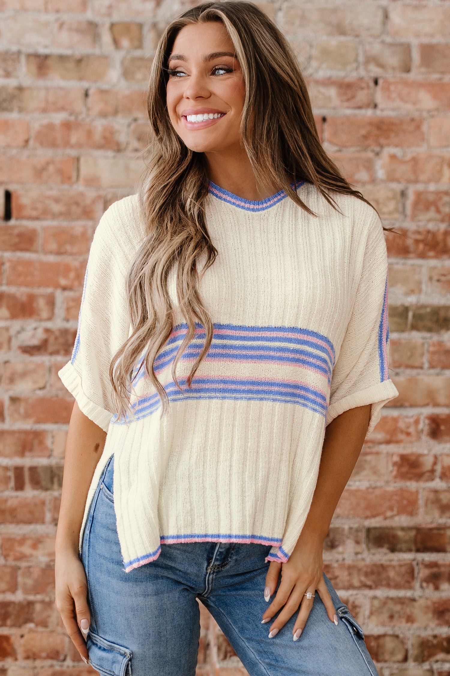 White Striped V Neck Dolman Sleeve Rib Knit Oversized Sweater with Slits-TOPS / DRESSES-[Adult]-[Female]-2022 Online Blue Zone Planet