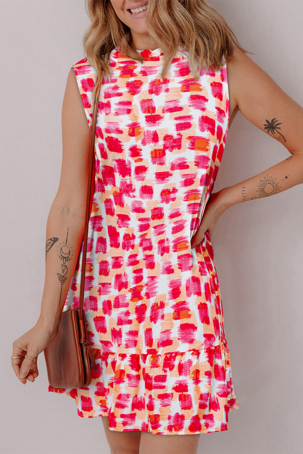 Pink Abstract Print Frilly Neck Sleeveless Mini Dress-Dresses/Mini Dresses-[Adult]-[Female]-2022 Online Blue Zone Planet