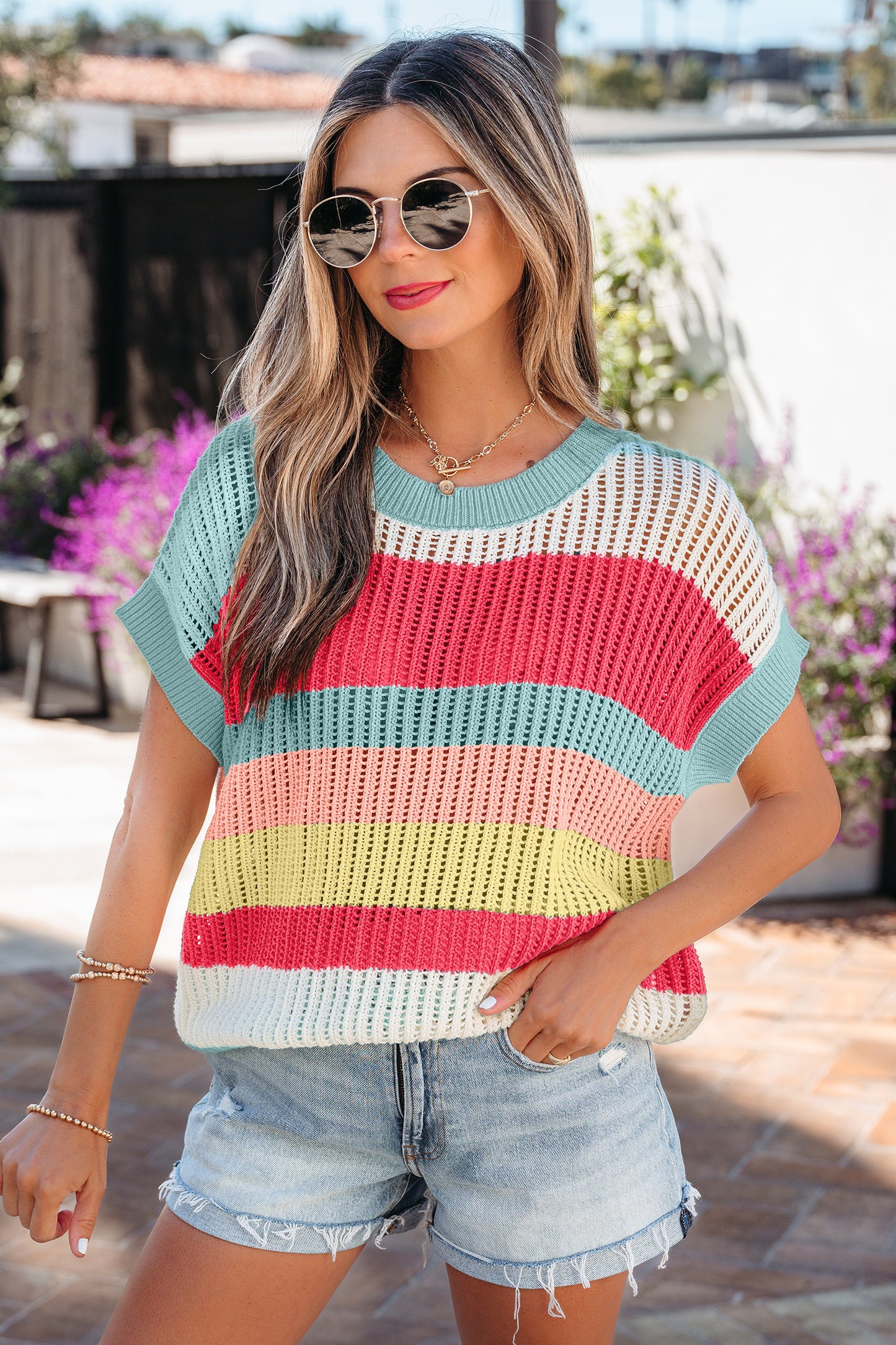 Green Stripe Color Block Hollow Out Knit Short Sleeve Sweater-TOPS / DRESSES-[Adult]-[Female]-2022 Online Blue Zone Planet
