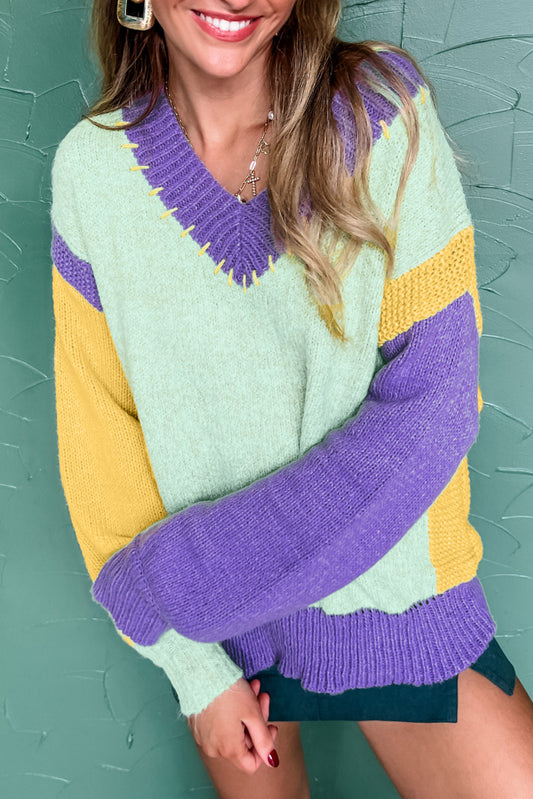 Green Stitched V Neck Color Block Knitted Drop Shoulder Sweater-TOPS / DRESSES-[Adult]-[Female]-Green-S-2022 Online Blue Zone Planet