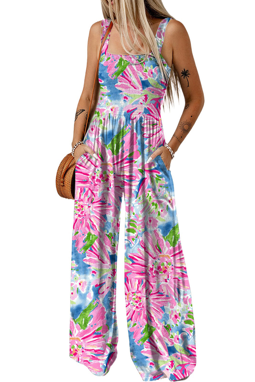 Pink Abstract Floral Painting Smocked Wide Leg Jumpsuit Blue Zone Planet
