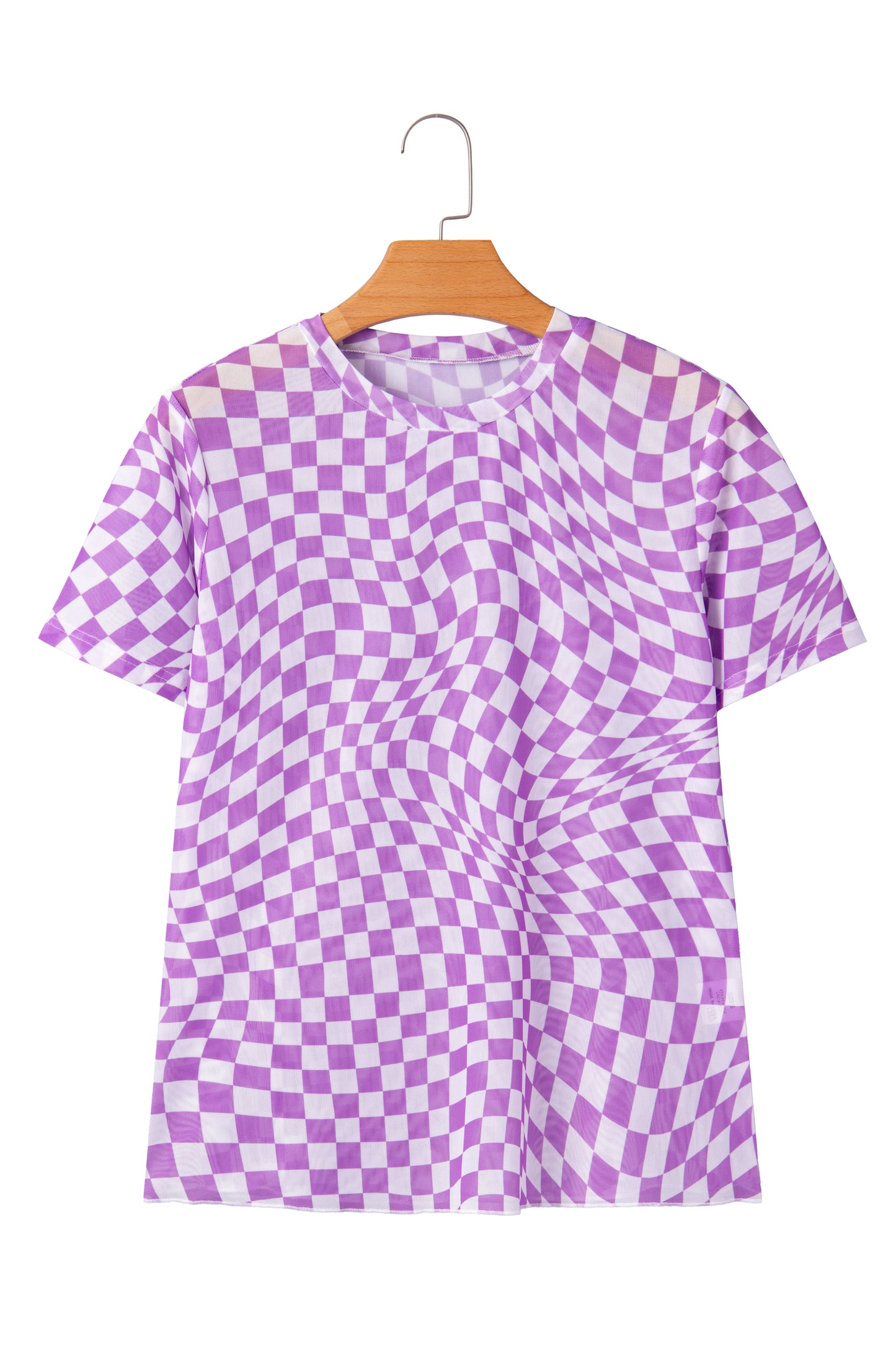Khaki Checkered Print Mock Neck Mesh T Shirt-Tops/Tops & Tees-[Adult]-[Female]-2022 Online Blue Zone Planet