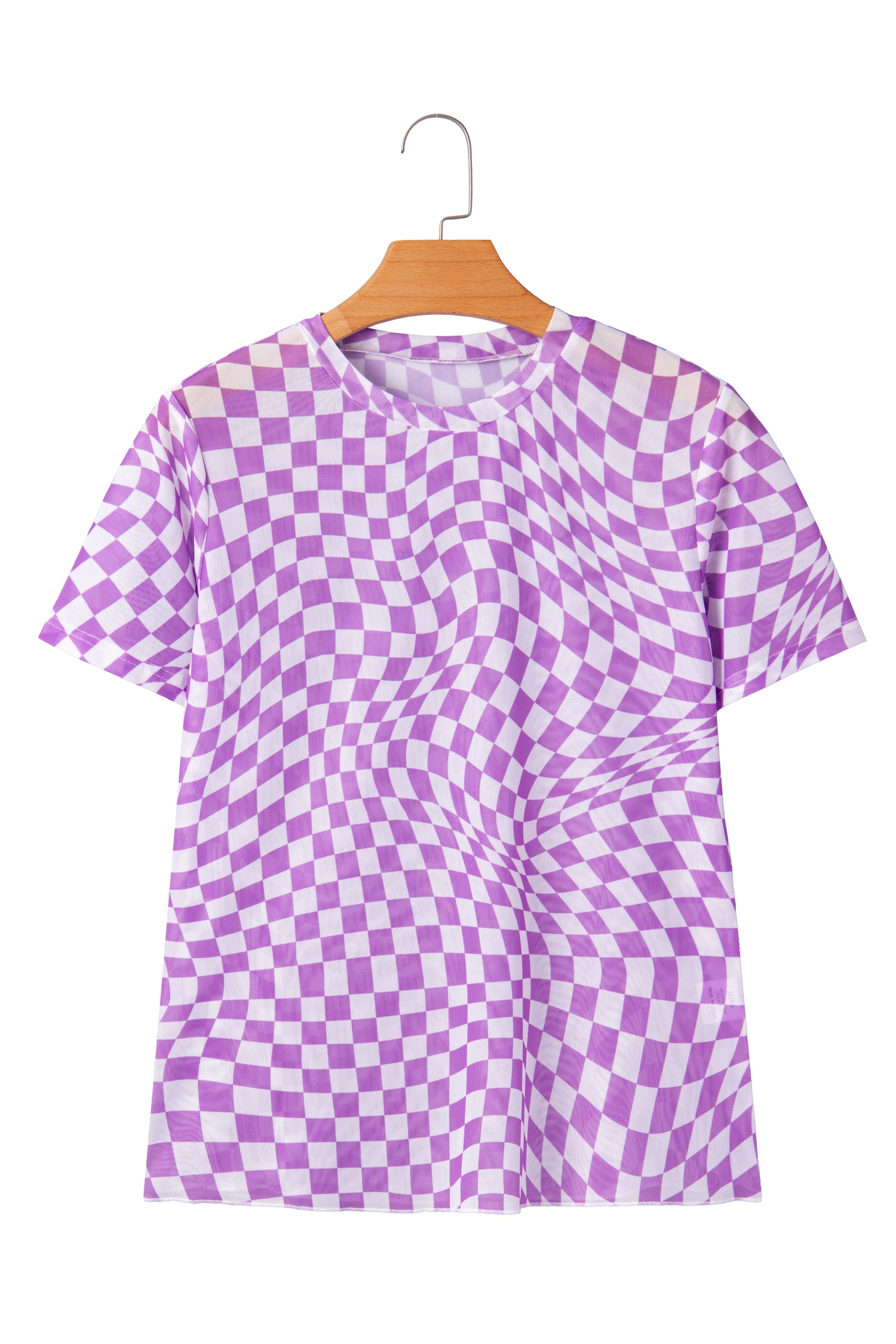 Khaki Checkered Print Mock Neck Mesh T Shirt-Tops/Tops & Tees-[Adult]-[Female]-2022 Online Blue Zone Planet