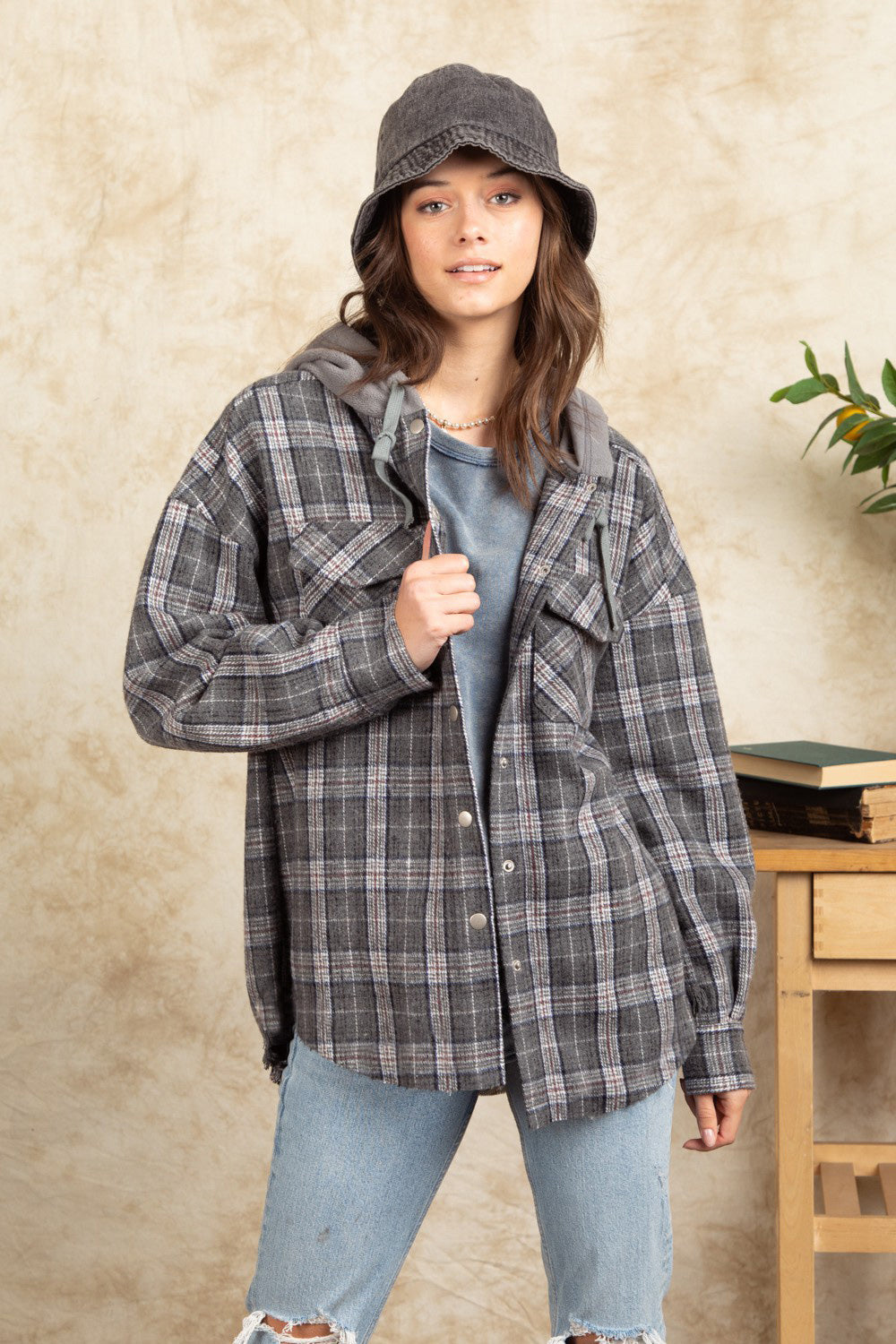 Drawstring Plaid Long Sleeve Hooded Jacket-TOPS / DRESSES-[Adult]-[Female]-Dark Gray-S-2022 Online Blue Zone Planet