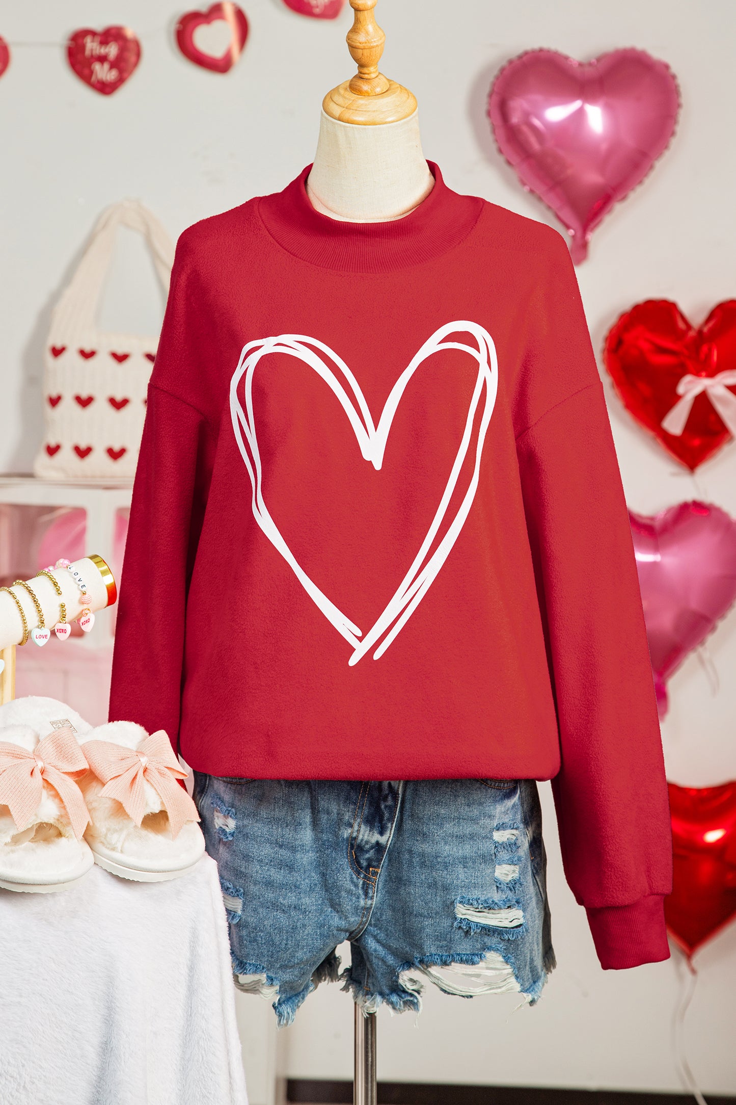 Racing Red Valentines Day Heart Love Script Reversible Printed Double Wear Mock Neck Sweatshirt-Graphic/Graphic Sweatshirts-[Adult]-[Female]-2022 Online Blue Zone Planet