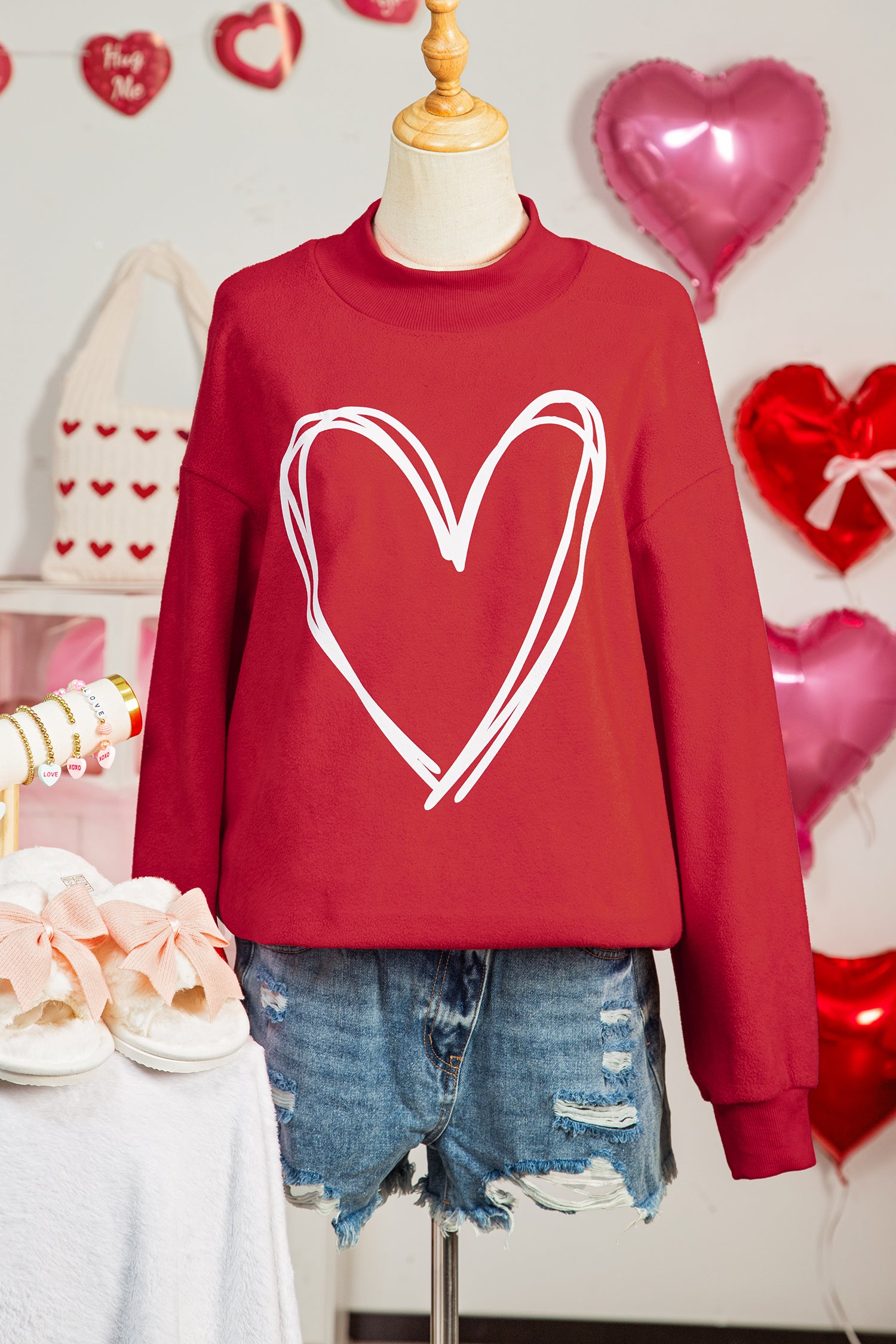 Racing Red Valentines Day Heart Love Script Reversible Printed Double Wear Mock Neck Sweatshirt-Graphic/Graphic Sweatshirts-[Adult]-[Female]-2022 Online Blue Zone Planet