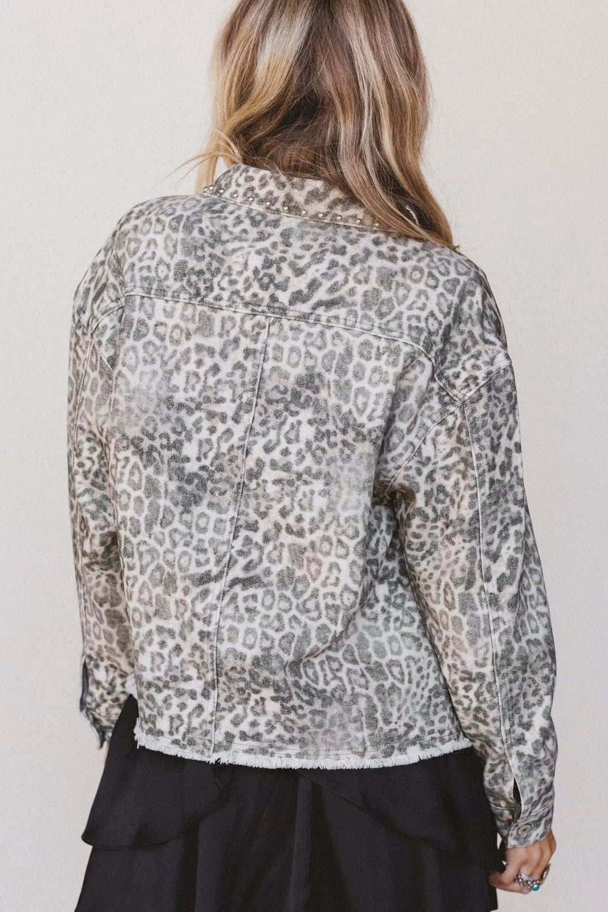 Khaki Leopard Print Studded Collar Studded Patch Pocket Denim Jacket-Outerwear/Denim jackets-[Adult]-[Female]-2022 Online Blue Zone Planet