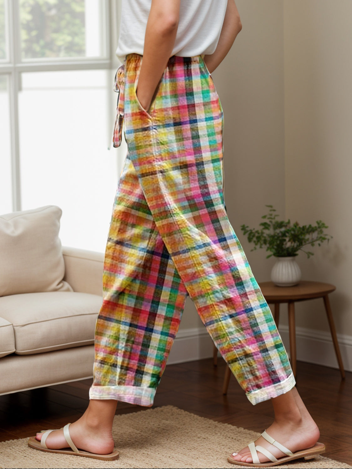 Tied Contrast Plaid Pants with Pockets-[Adult]-[Female]-Styl A-S-2022 Online Blue Zone Planet