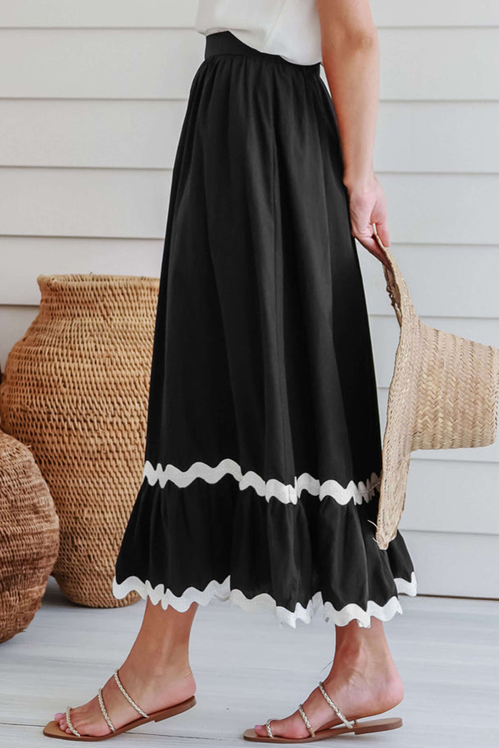 Black Ricrac Trim Colorblock High Waist Long Skirt-Bottoms/Skirts & Petticoat-[Adult]-[Female]-2022 Online Blue Zone Planet