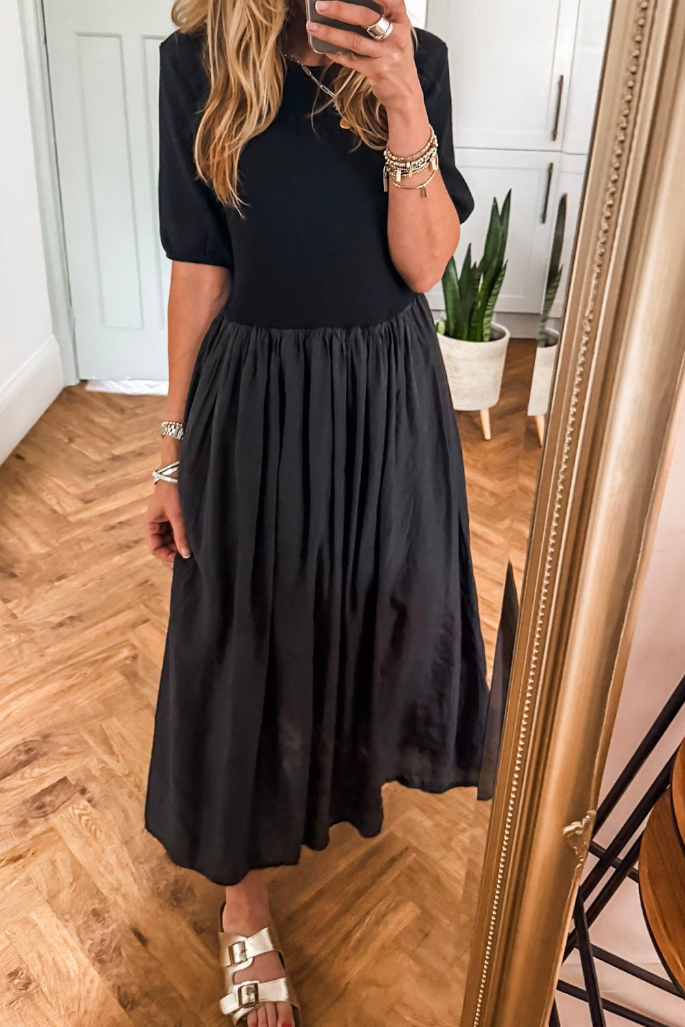 Black Short Sleeve Knit Top Patchwork Pleated Long Dress-TOPS / DRESSES-[Adult]-[Female]-Black-S-2022 Online Blue Zone Planet