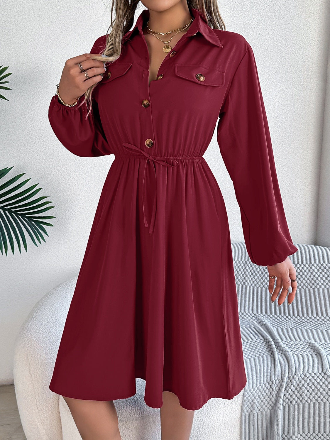 Blue Zone Planet | Collared Neck Long Sleeve Dress with Pockets-TOPS / DRESSES-[Adult]-[Female]-2022 Online Blue Zone Planet