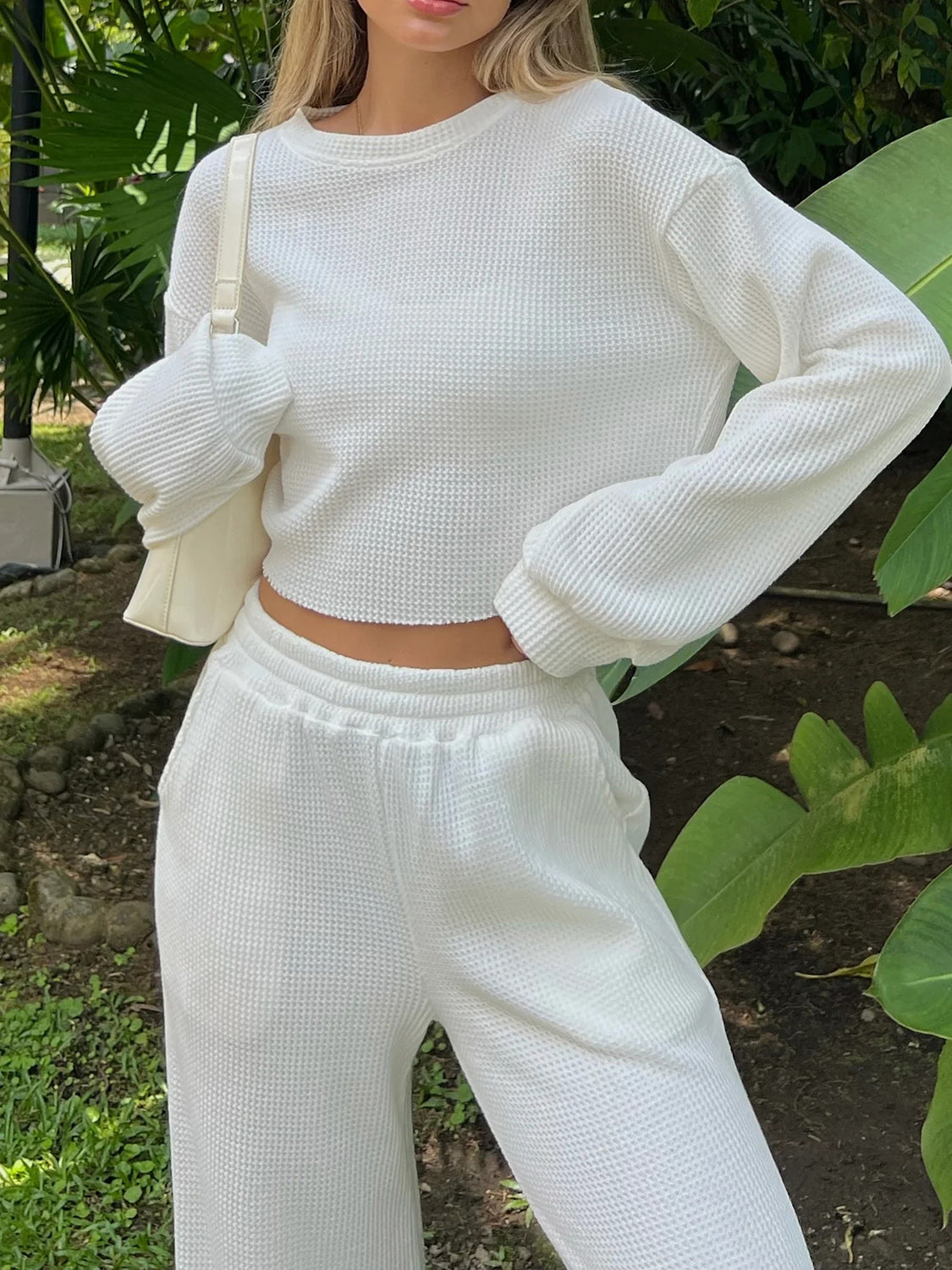 Waffle-Knit Round Neck Top and Pants Set-TOPS / DRESSES-[Adult]-[Female]-White-S-2022 Online Blue Zone Planet