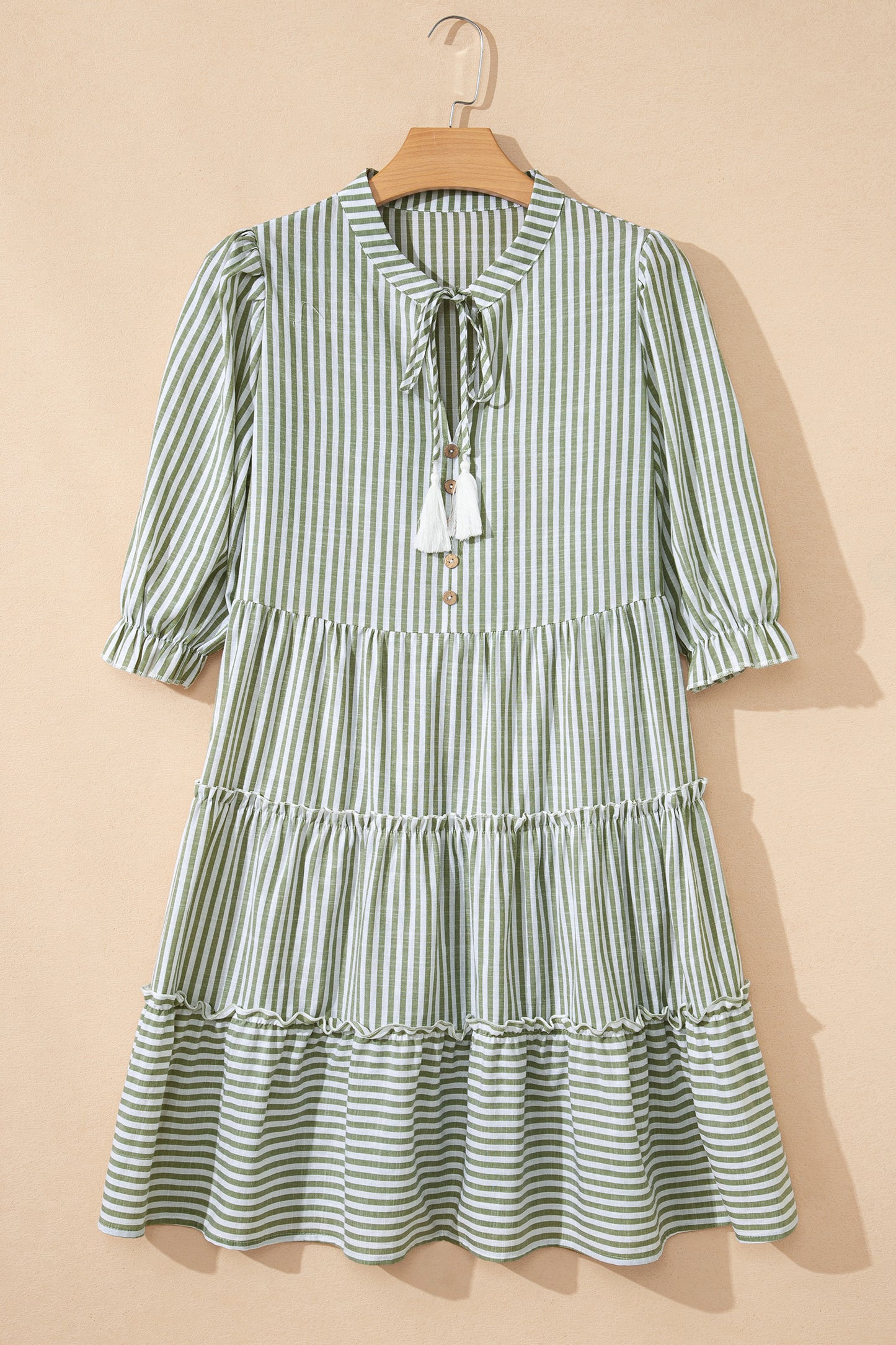 Green Stripe Tasseled Tie Neck Ruffled Short Sleeve Tiered Flattering Dress-TOPS / DRESSES-[Adult]-[Female]-2022 Online Blue Zone Planet