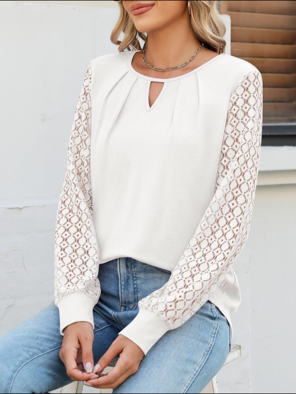 Cutout Round Neck Lace Long Sleeve Blouse-TOPS / DRESSES-[Adult]-[Female]-White-S-2022 Online Blue Zone Planet