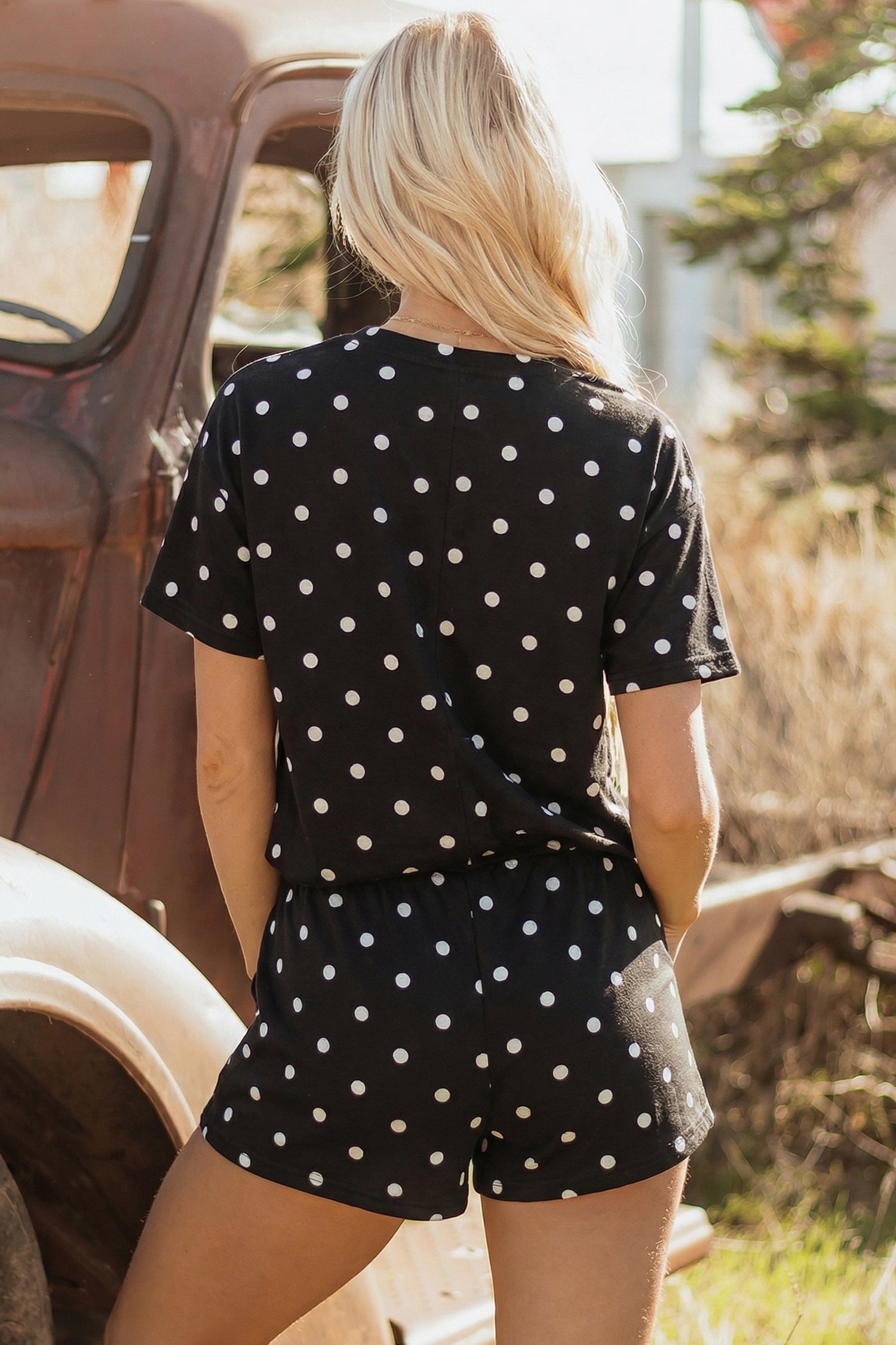 White Exposed Seam Detail Polka Dot Loose Tee Drawstring Shorts Set-Two Piece Sets/Short Sets-[Adult]-[Female]-2022 Online Blue Zone Planet