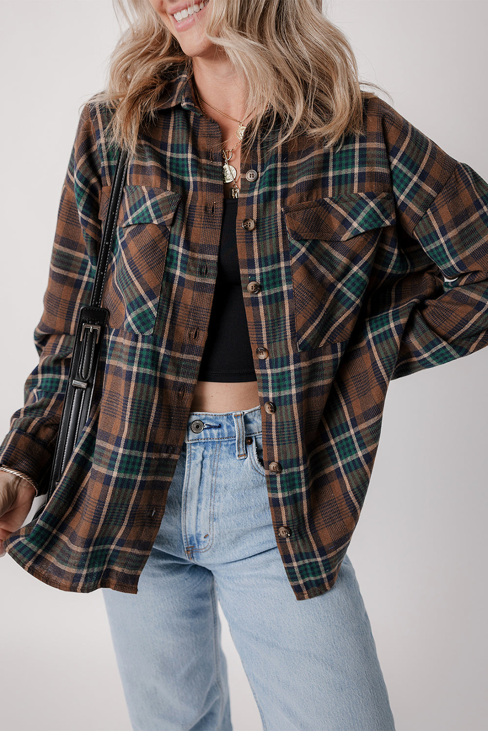 Brown Plaid Print Chest Pockets Buttoned Shirt Jacket-Outerwear/Plaid Shackets-[Adult]-[Female]-2022 Online Blue Zone Planet