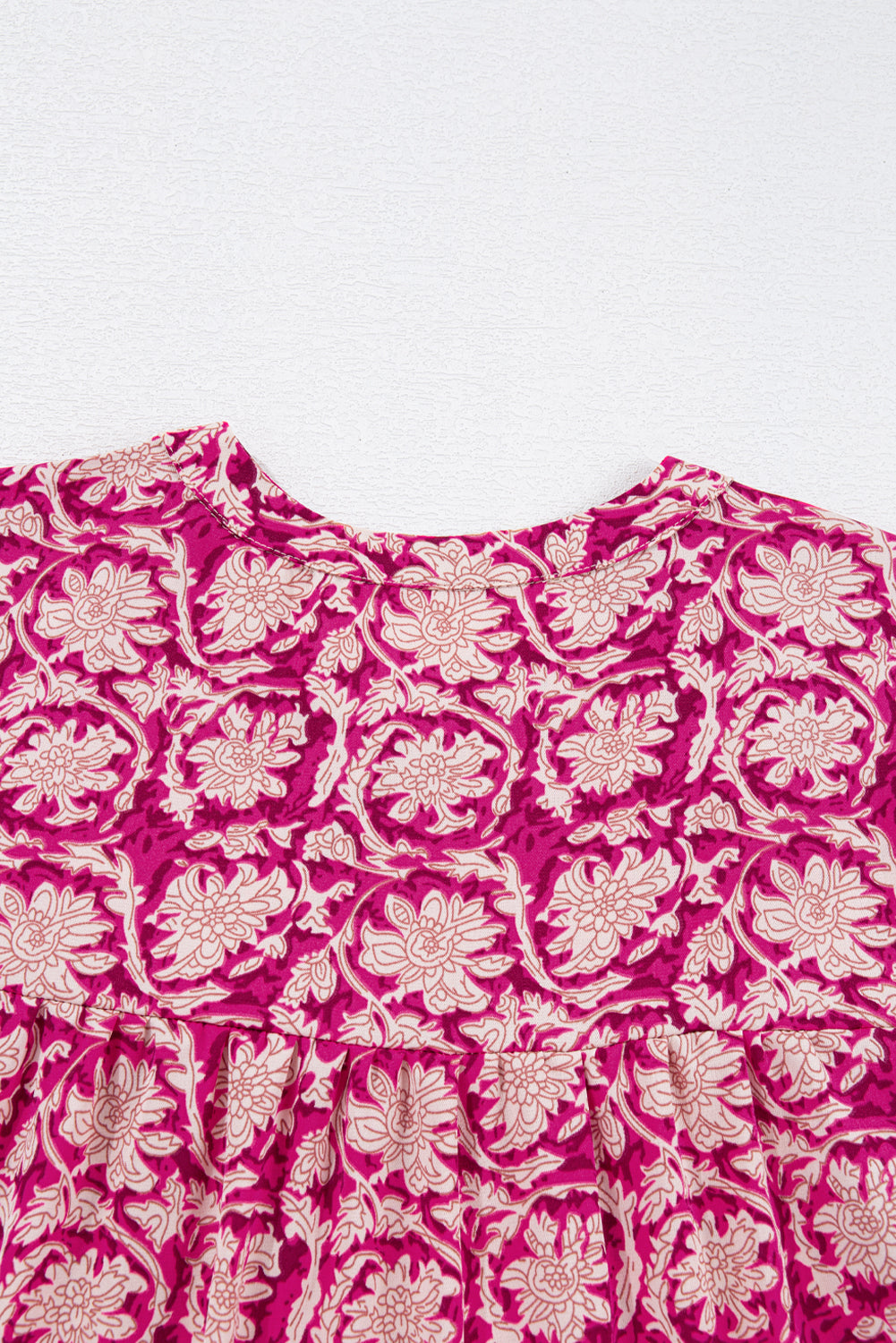 Pink Floral Print Split Neck Pleated Puff Sleeve Blouse-Tops/Blouses & Shirts-[Adult]-[Female]-2022 Online Blue Zone Planet